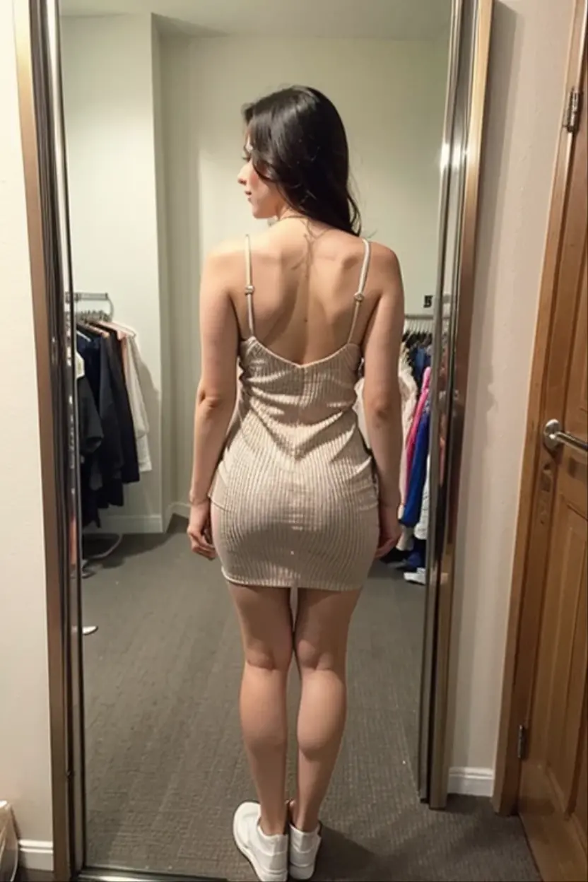 dynamic angle, changing room, fashion changing room, fullbody, back view, stunning Gaia Nobile, 18 years old, smiling, blue eyes brown hair, sexy, looking at the viewer from the mirror, make_up, trying a new dress, sneakers, hyper realistic and natural skin, skin imperfections1.33, selfie taken with a Iphone15plus
