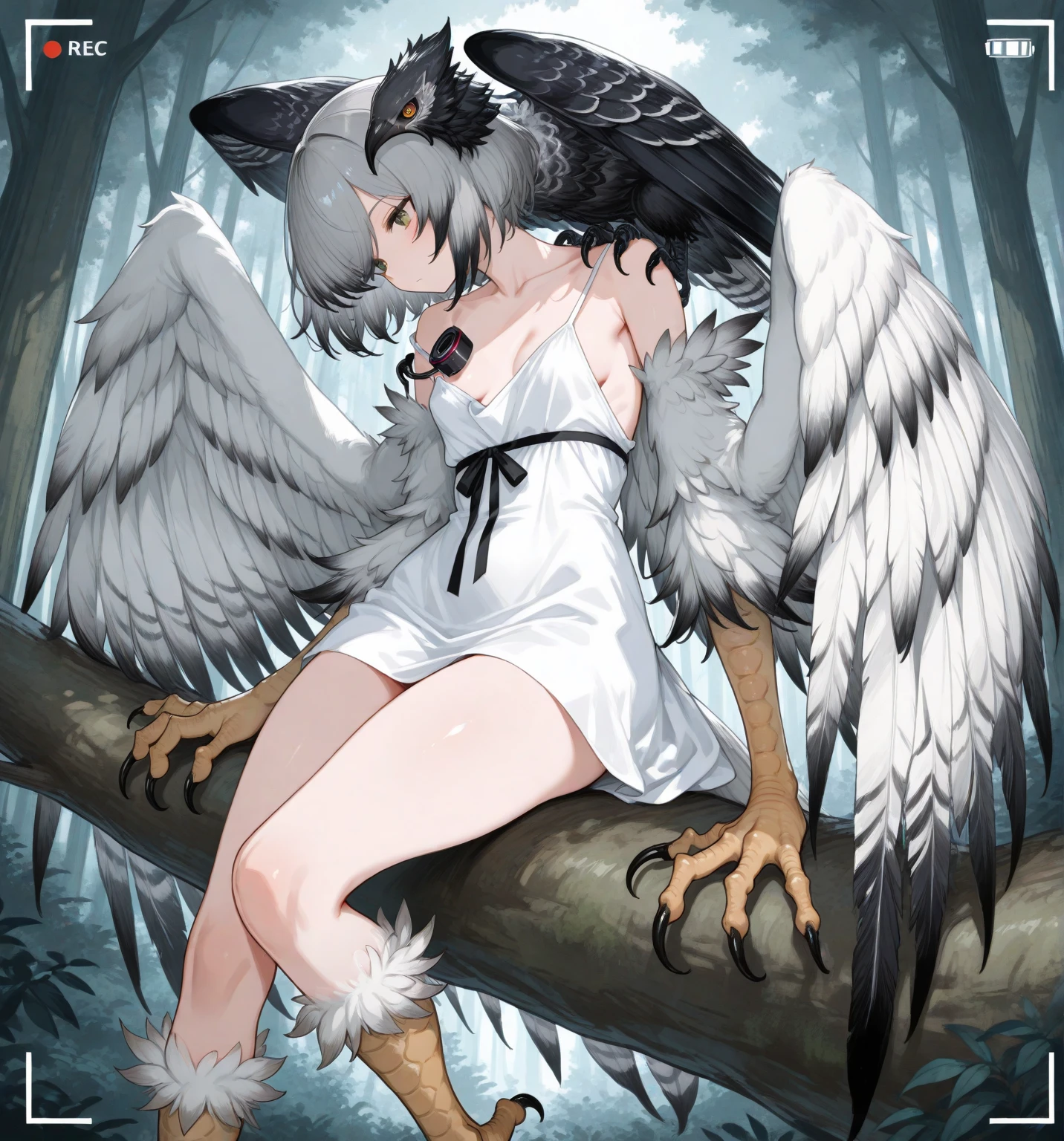Black Hair、Short Hair、boyish、Boku Girl、Confused eyes、Harpy、Black wings、Bird limbs、White skin、Gray nipples、Open pussy、Leg spread、My stomach is bloated、Semen dripping from pussy、It looks like it&#39;s comfortable.、Alley、Small breasts、18-year-old