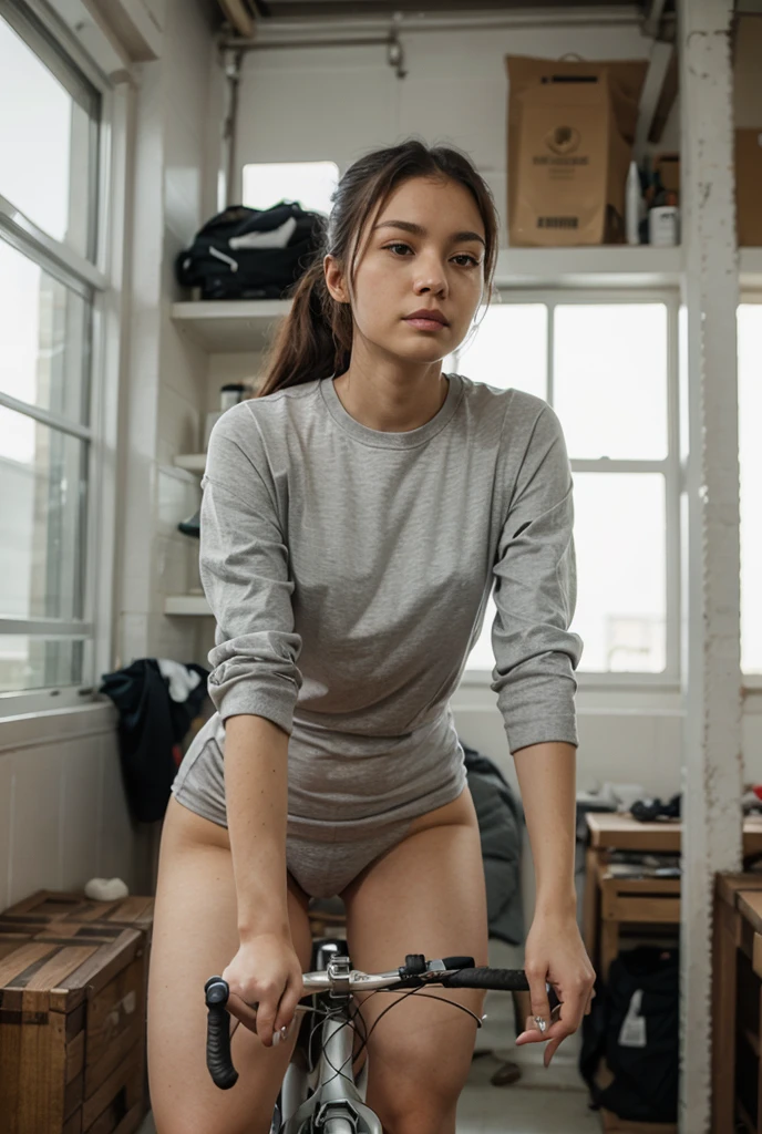 ((Best Quality, 8K, Masterpiece:)), Focus, realistic, A stunning high-resolution, vibrant photograph of 16 year old young indonesian girl wear calvin klein tanktop and short leggings, sexy aura, erotic mood, at inside elevator,realistic photo, full body shot,The background is slightly blurred to keep the focus on her, creating a beautiful bokeh effect, soft sunlight filtering through,