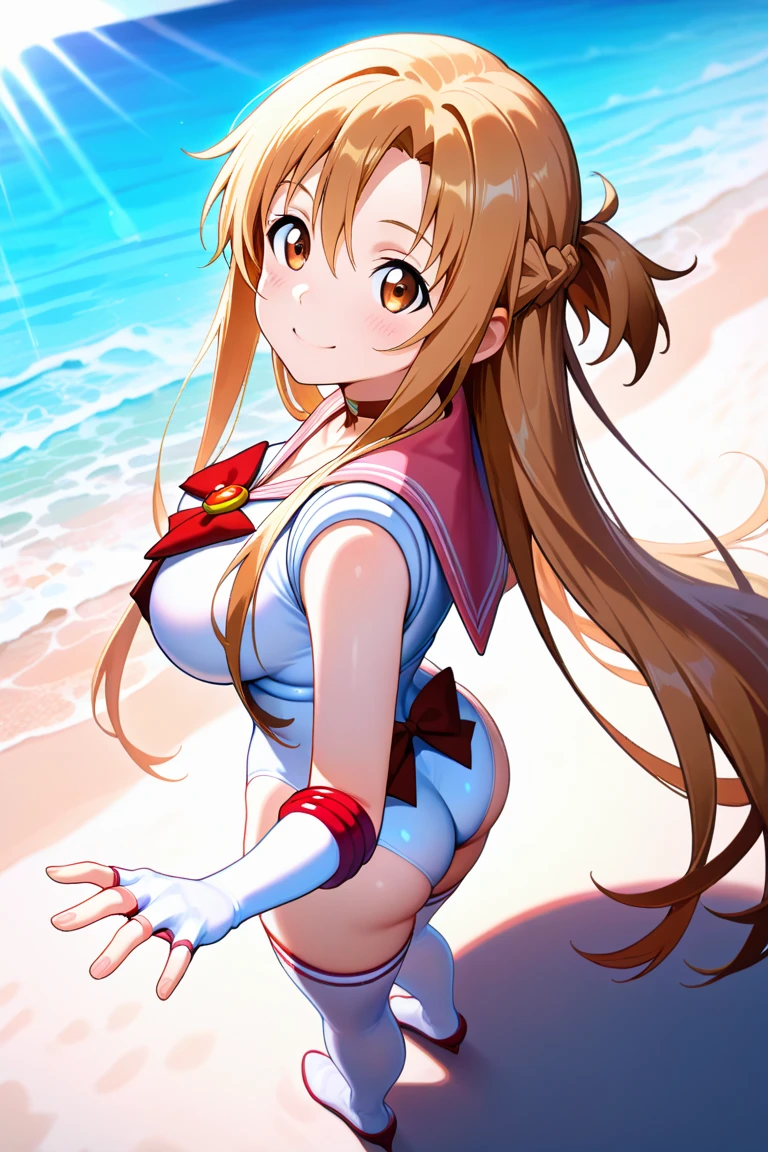 (Anime artwork, Anime Style, Studio Anime, Very detailed, up to date,、 Vibrant, Anime Coloring Book, High Contrast, masterpiece:1.3, Highest quality, Best aesthetics), (Beautiful and detailed:1.2), 1girl, Symphonic_Lily,symphony_Yuri,Blonde Hair,Ahoge,Long Hair, Big brown eyes,hair accessory,Light pink long gloves,Light pink and blue short dress,Frilled Skirt,blush,cute smile, looking at viewer (She walked along the beach in the sunset, her bare feet touching the water, the closest she came to seeing that smile:1.1), (cinematic angle:1.1),no shoes,no sox,barefoot,no stocking,