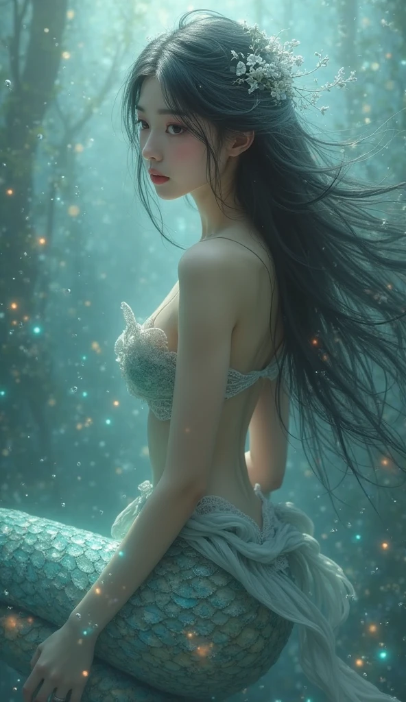 (Best Quality, Masterpiece: 1.4), (Realism: 1.2), (Absurdity: 1.2), 4K, Detailed, Ultra Detailed, Detailed Face, (Ultra Detailed Eyes: 1.2), Underwater, Beauty, One-piece Swimsuit, (Naked Back: 1.3), Smile, High Split End, Long White Legs, Look Up, Make a Wish, Floating Long Black Hair, Cat Ears, Starfish Headdress, Jellyfish Swarm, Seaweed, Water Grass