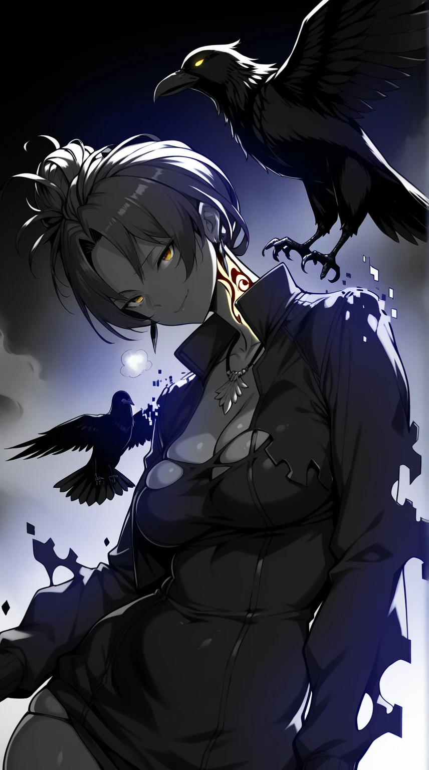 (hiiragi_yuuichi-style), (zonda_(solid_air)-style:0.8), ((anatomical correct)), vignetting, fog, ((monochrome, greyscale, manga-style, spot colors, yellow eyes)), (lineart:1.2), (digital dissolve:1.2), perfect body, perfect eyes, perfect fingers, gasping, heavy breathing, gasping profusely, ((skindentation)), ((curvy)), Murata Himeko, short hair,messy hair,hair up,single hair bun,hair one side up,forehead,parted bangs,yellow eyes, plump, (disintegration clothes:1.2), smug,, curvy, bird, crow, jewelry, solo, glowing, tattoo, earrings, looking_at_viewer, upper_body, necklace, closed_mouth, animal, glowing_eyes, jacket, neck_tattoo, long_sleeves, feathers, hollow eyes