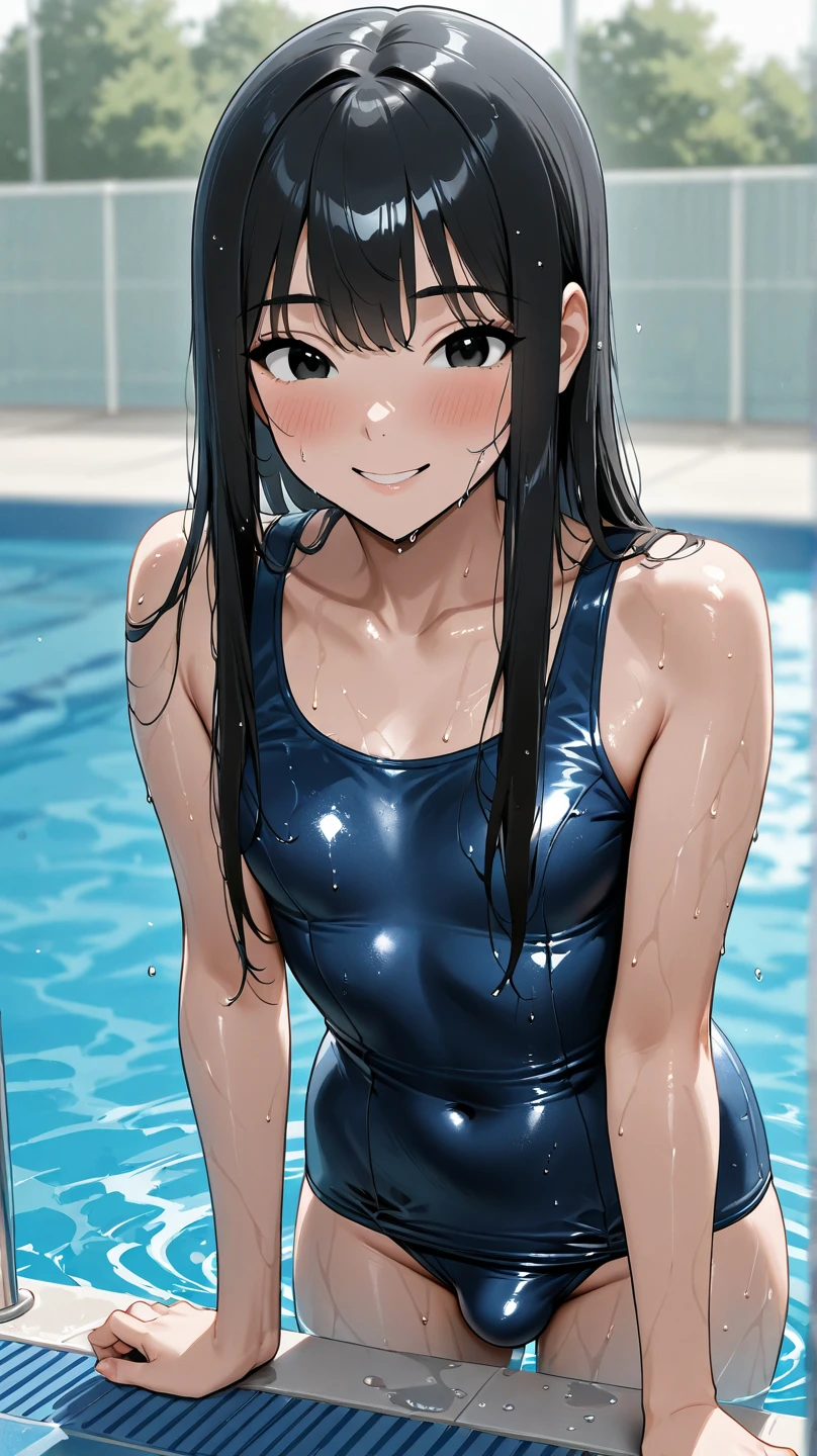 (((camel toe:1.4))), Sweat, grin, (((Flat Chest)), ((Erect nipples)), ((see through)), (((long gloves:1.3))), brown loafers, black calf length socks, Open your thighs wide to the left and right, squat on the ground show off your crotch to the viewer, ((Latex Swimsuit:1.3)), sit, spread your legs:1.3, (((arm behind head:1.3))), , absurdists, Long black hair, Hair clip, flat lighting, elevation angle, sexy pose, highest quality, Complex, surreal, perspective, very detailed, detailed background, shape, 1 girl, alone, small breasts, light smile, embarrassing, blush, (((Pool side))), (Sweat), 

