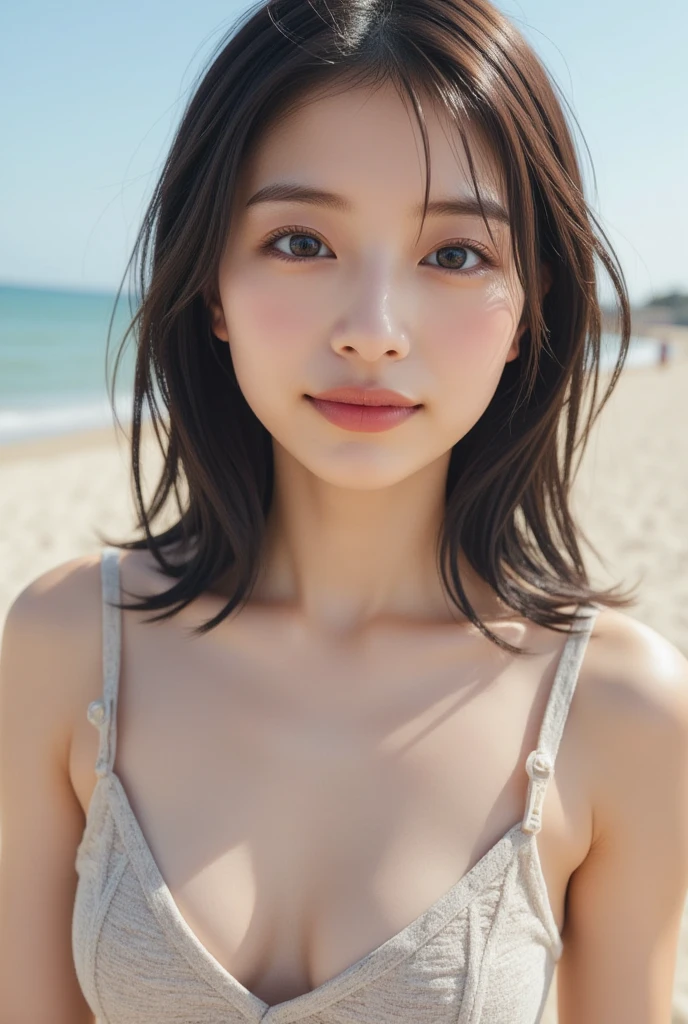 Best quality at best, 超k hd, (realisticlying:1.4),Sunset sun, 1个Giant Breast Girl, (Realistic face), freckle ,(brunette color hair, short detailed hair: 1.ony tails, realisticlying的眼睛, (realisticlying的皮肤), detailed photograph, Smiling, sexy for, filmgrain, low-contrast, facing at the camera, closeup cleavage (tmasterpiece: 1.3), (8K, realisticlying, Best quality at best: 1.4), hoang lap, Attractive, 超高分辨率, hyper realisitc, k hd, the golden ratio, full body view, on the beach, swimsuit, skinny