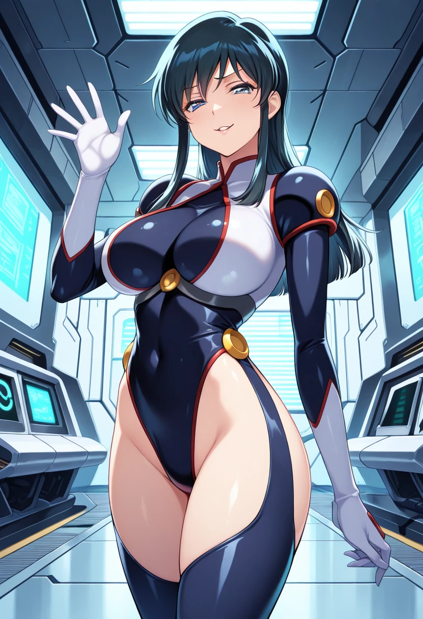 zero two \(darling in the franxx\), darling in the franxx, 1girl,blunt bangs, covered navel, eyeshadow, purple eyes, hair behind head, horns, smile, long hair, looking at viewer, makeup, medium breasts, pilot suit, red suit, dark blue hair, red eyeshadow, science fiction, skin tight, solo,  hinata as zero two, hinata hyuga
