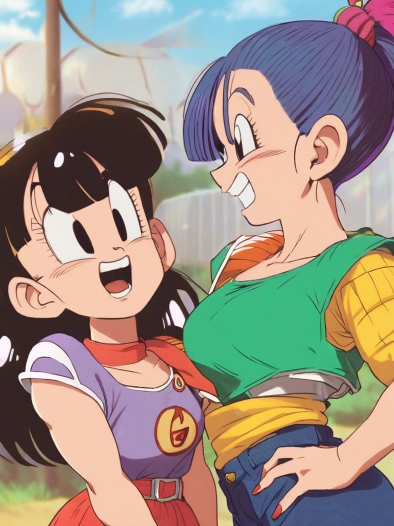Bulma is naked and her chest is very, very, very gigantic. Goku inserts the very, very giant penis into her chest and continues inside his mouth. Bulma sucks Goku's entire penis. Goku's face is red from embarrassment, and Bulma is angry with them.