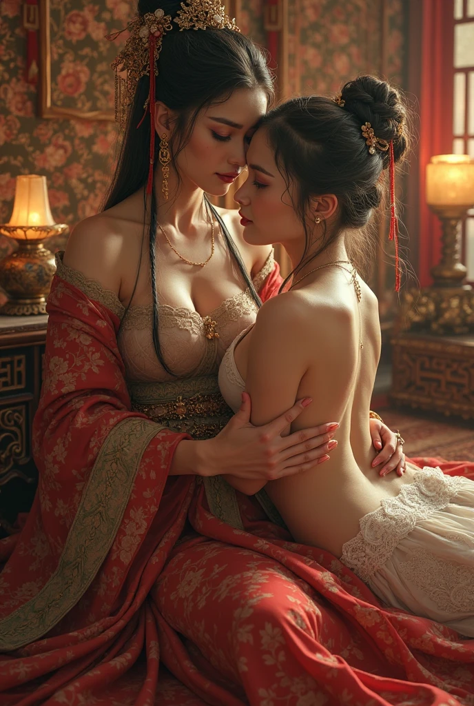(detailed dress, stunning makeup, warm and soft lighting, romantic atmosphere), oil painting, beautiful background, vibrant colors, flowing fabrics, delicate,  lifts the hem of the dress, no panties under the dress