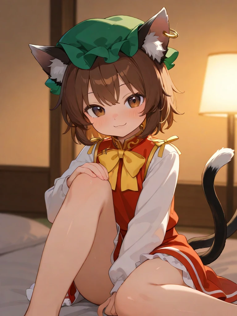 masterpiece, best quality, best light , best shadow, chen,1girl, animal ears, tail, solo, multiple tails, jewelry, earrings, cat ears, brown hair, hat, cat tail, short, soft smile ,lively image, cute white background, simple background, looking at viewer, open-mouthed smile, mischievous, playful