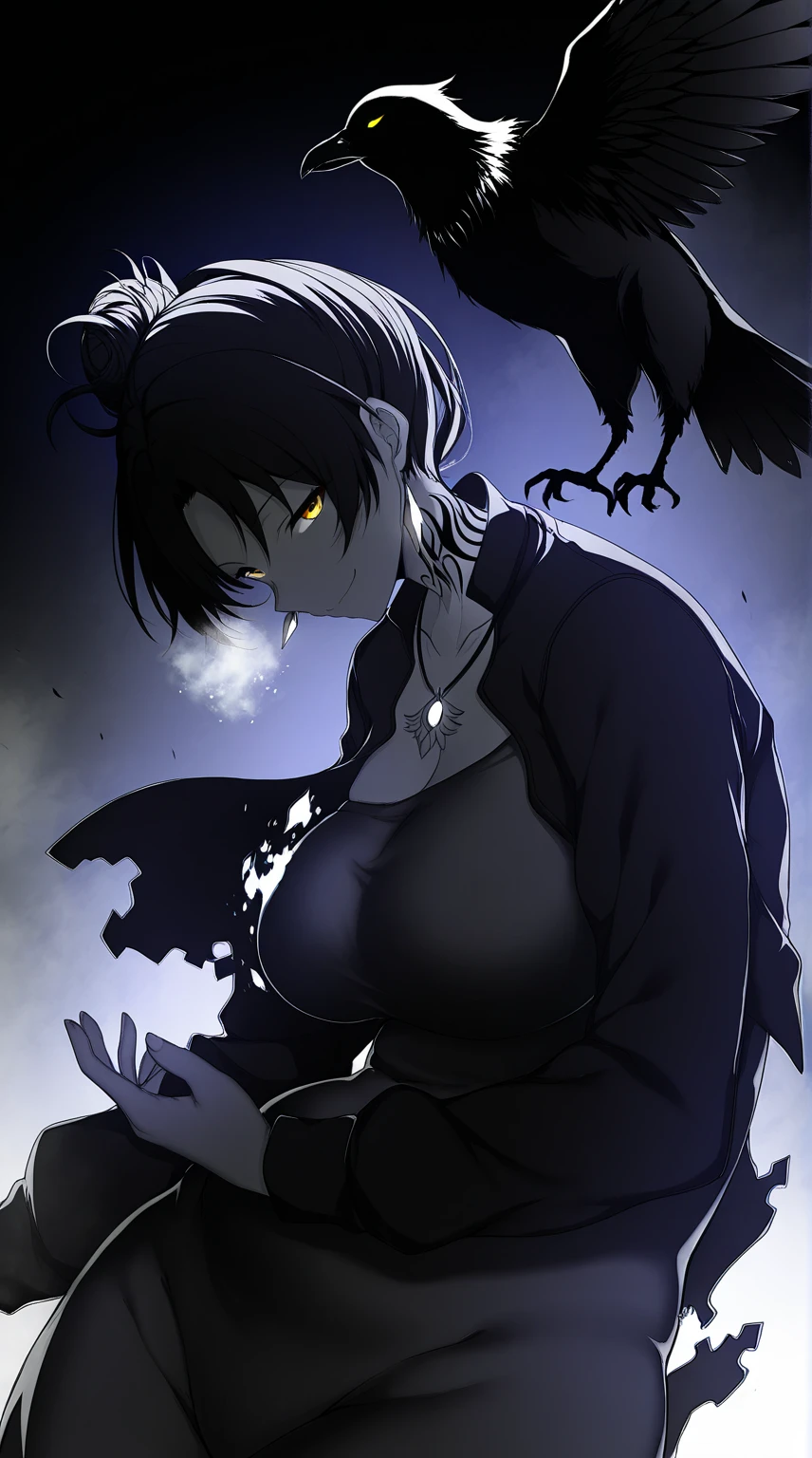 (pochi_(pochi-goya)-style:1.2), (arind_yudha-style:0.8), ((anatomical correct)), vignetting, fog, ((monochrome, greyscale, manga-style, spot colors, yellow eyes)), (lineart:1.2), (digital dissolve:1.2), perfect body, perfect eyes, perfect fingers, gasping, heavy breathing, gasping profusely, ((skindentation)), ((curvy)), Murata Himeko, short hair,messy hair,hair up,single hair bun,hair one side up,forehead,parted bangs,yellow eyes, plump, (disintegration clothes:1.2), smug,, curvy, bird, crow, jewelry, solo, glowing, tattoo, earrings, looking_at_viewer, upper_body, necklace, closed_mouth, animal, glowing_eyes, jacket, neck_tattoo, long_sleeves, feathers, hollow eyes