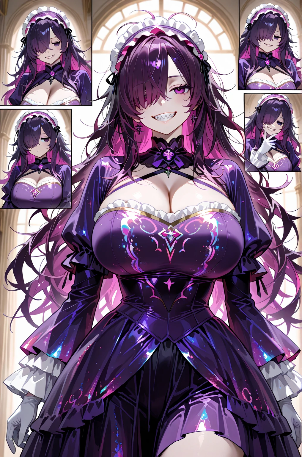 mature_1female,purple hair,long hair,swept bangs,red eyes,tareme,large breasts,pink sapphire crystalline dress