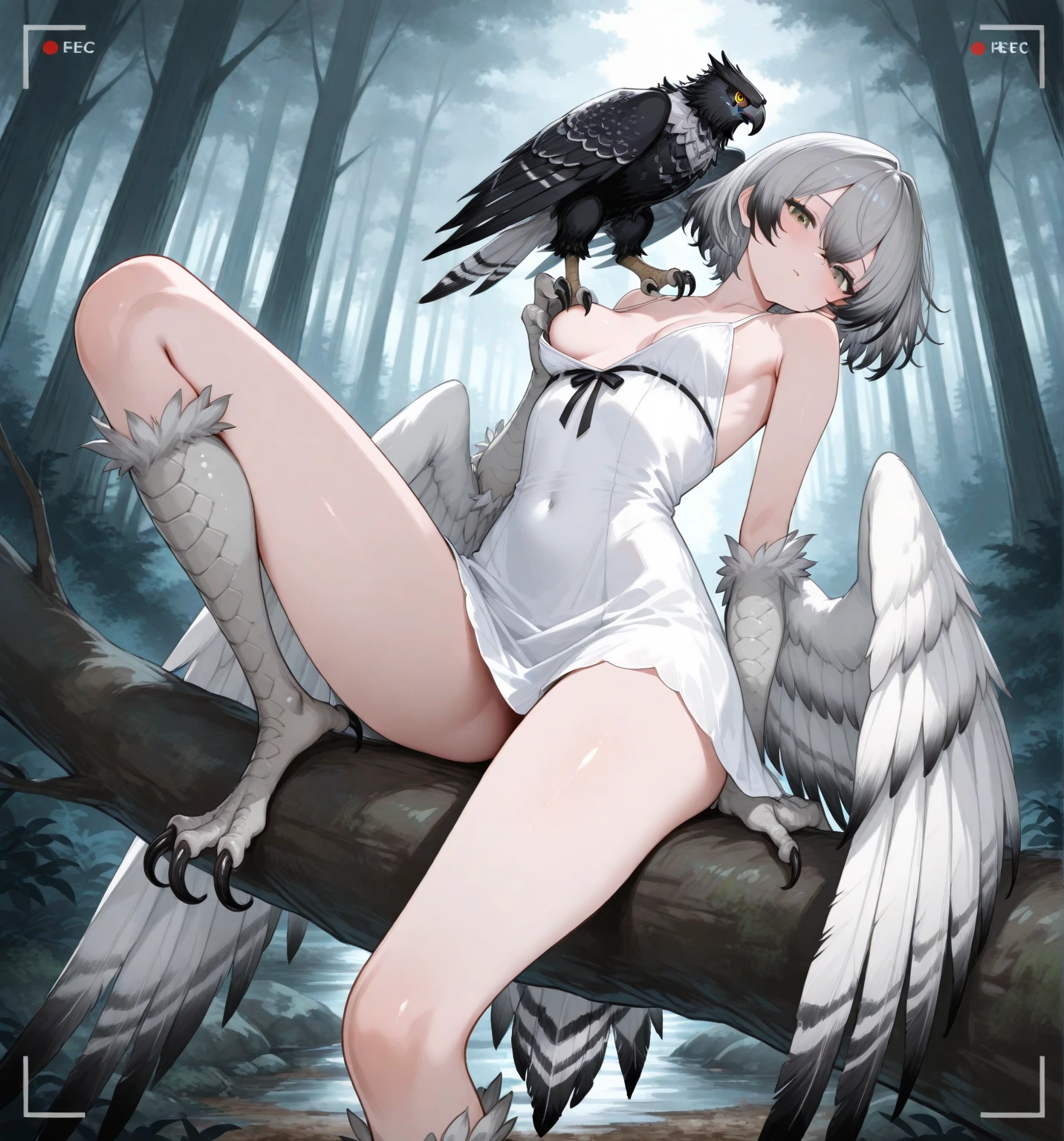1boy, 1girl, piggyback riding, all fours, sitting on person, on top, bare shoulders, breast, angel, angel wings, bird wings, black wings, blush, cleavage, closed eyes, detached sleeves, feathered wings, feathers, head wings, low wings, multicolored wings, short hair, silver hair, single wing, smile, thighhighs, white wings, wings, outdoors, waterfall, morning, 9:07 AM