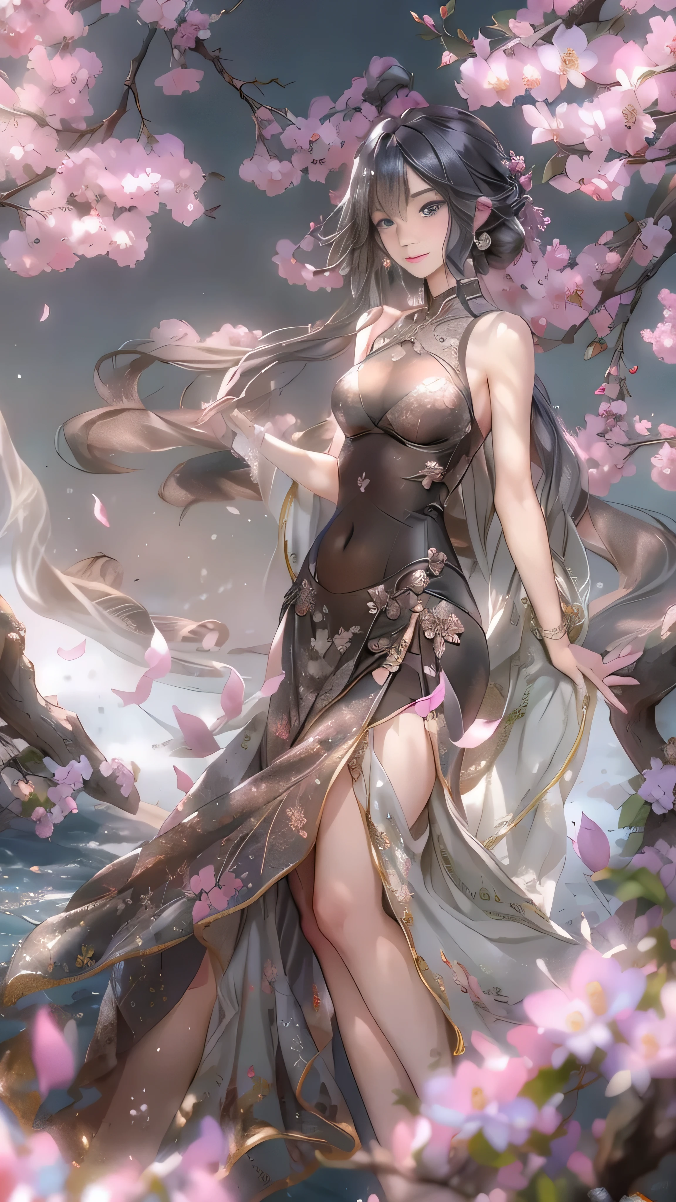 loose outfit、Show shoulders、How to wear a gown with a broken see-through halter neck、Decorated with intricate patterns and pastel colors、Transparent material that makes the skin shine、Artistic depiction of seductive woman in gown with wet thin cloth and transparent skin, Floral and fantastic pattern with flowing silky traditional see-through skin。Her dress draped elegantly around her curvaceous figure、Emphasizes her charming silhouette。She's a gentle fireworks night、Dynamic Posing、Sexy Posing、bathed in the soft glow of moonlight。The scene is、With a hint of mystery and sensuality、It exudes an ethereal dreamy atmosphere。The image style is、It incorporates a blend of watercolor and digital illustration techniques.、It makes you feel delicate beauty and charm。Soft moonlit lighting、Cast gentle highlights and shadows on her mesmerizing features。Dynamic Posing、Bold poses、The hand is somewhere、see -through、show through、A sexy、Wet hair、Wet、cherry trees、flower petals、cherryblossom、The cherry tree、Sakura blizzard、buried、Transparent skin、Wet clothes、Chest Pulling、Translucent clothes、Eau、nudde、2a person、