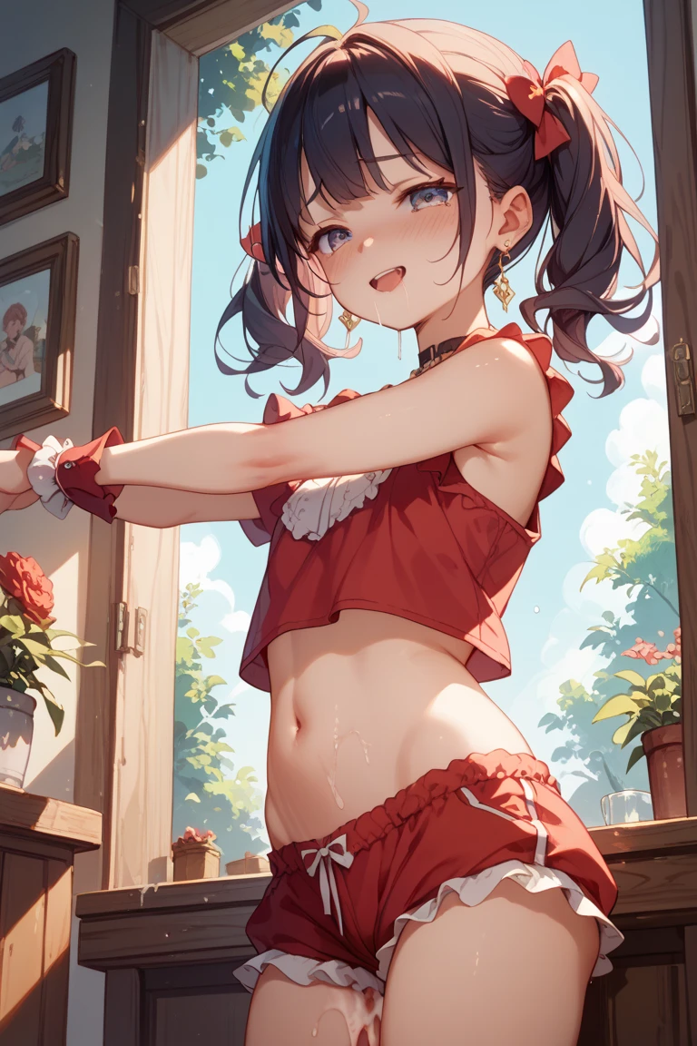 NSFW,(masterpiece, Highest quality:1.2), (((masterpiece))), (((best quality))), ((ultra-detailed)), (illustration), One girl,skinny,straight waist,Small breasts,big butt,blue eye,Twin tails,,Black Hair,Red ribbon,(Shiny skin:2),(chibi), looking at viewer,(blush),,wide eyes,Grit your teeth,(Wet),stall,Festivals,(steam:1.3),fundoshi,,tan,tied shirt,Executing a high kick,