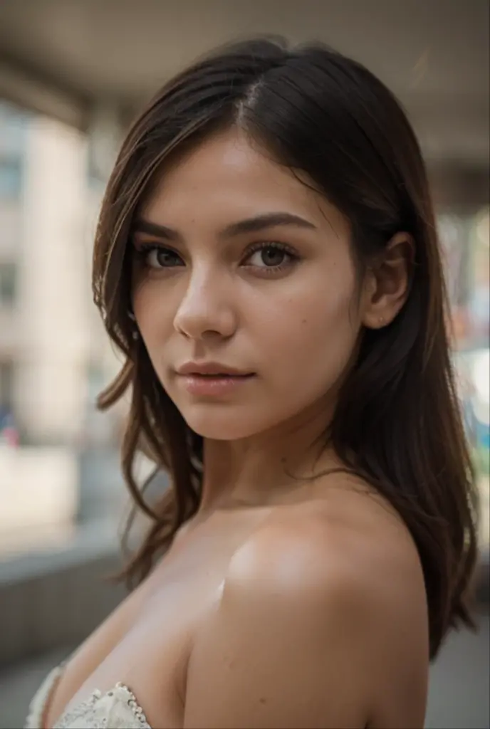 masterpiece, Highest quality, alone, 1 girl, Glowing Skin, Hoop Earrings, Smooth Hair, attractive, Expose your shoulders, Ran Transparent Camisole, Professional Model, front, Portraiture ,Street background