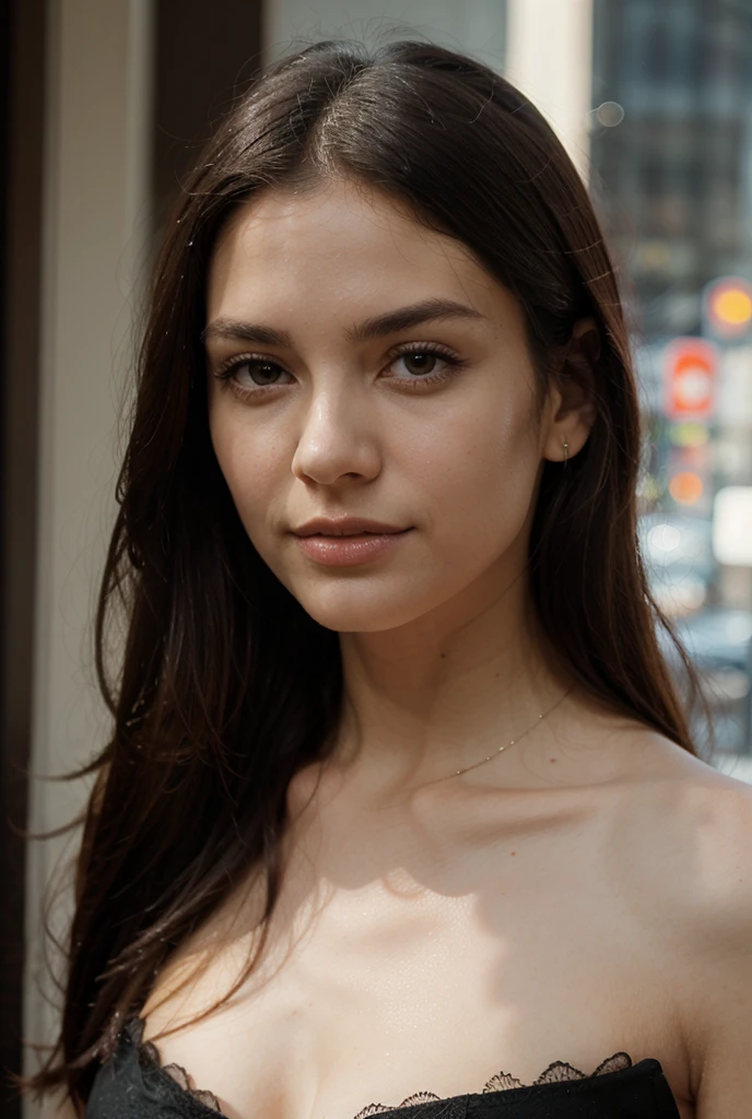  1 woman, light eyes, long black hair, fair skin with a warm tone, Natural Lips. She has a sexy expression. (look at viewer:1.2) (skin texture), masterpiece, best quality, ultra-detailed, Alone, camara iPhone, frontal photo, view from above, subtle freckles on the nose