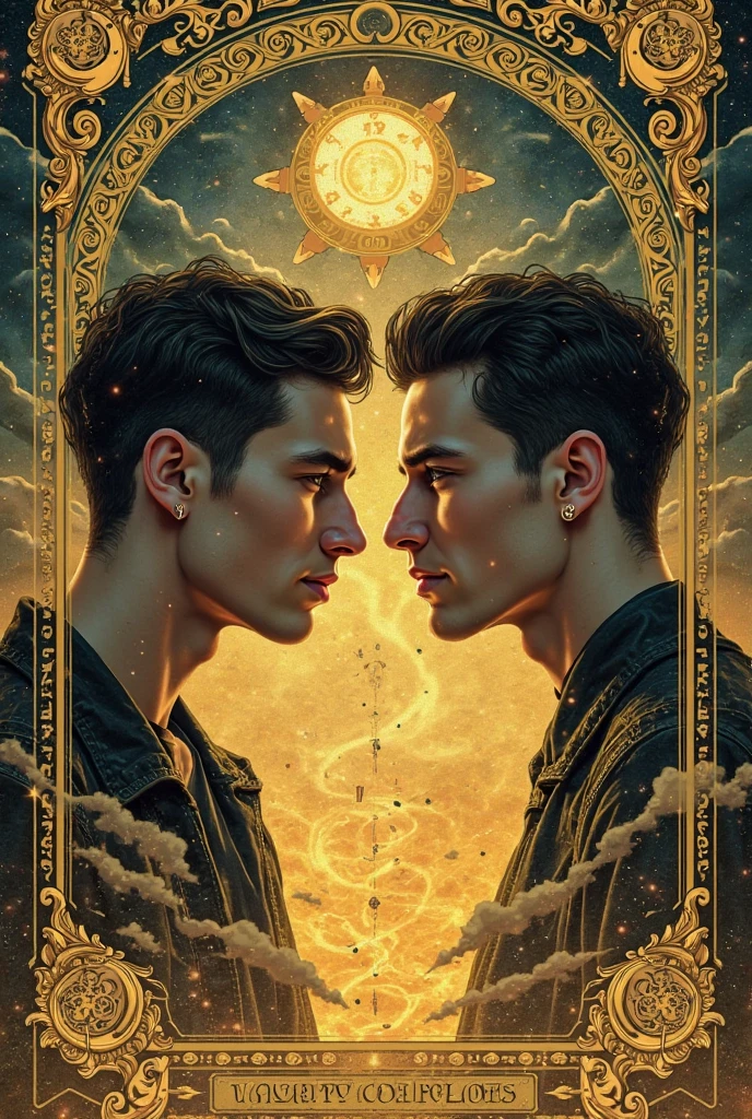 Craft a visually stunning and photorealistic image capturing the multifaceted essence of Gemini. Envision charismatic twin male models standing at the crossroads of two diverging paths, symbolizing the duality of the zodiac sign. Surround them with swirling cosmic energies and ethereal mists, representing the ever-changing nature of Gemini's intellect and curiosity. Ensure meticulous attention to detail in the model's expression, reflecting the wit and charm inherent in Gemini personalities. With dynamic lighting and vibrant colors, create a scene that captivates viewers and invites them to explore the depths of Gemini's boundless imagination and restless spirit.