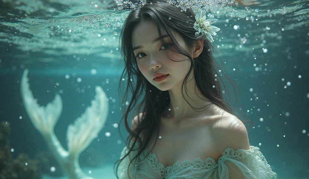 (masterpiece,best quality:1.4),(8k,raw photo,photo realistic:1.2),shiny skin,detailed skin,detailed face,detailed eyes,Detailed hands,Detailed Background、1girl,Japanese idol,(beautiful face),(Shining Eyes:1.1),、smile、Symmetrical eyes、、Great background、Great location、((Sexy Costumes))、Upper Body、(Detailed cute face mermaid,Live-action adaptation,The Little Mermaid,)、coral,Small tropical fish,In the water,swim,Full body portrait,Ocean,mysterious,Charming,nswf
