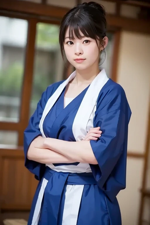 (One girl), masterpiece, Highest quality, Ultra-Realistic Capture, Very detailed, High resolution 16k, pretty girl, Natural white skin, (((large breasts with natural sagging:0.6, Height: 145cm, Round face, Black Hair, ponytail, Dark brown eyes, Thin lips, Thin eyebrows))), Kyoto,Long-established luxury inn, Traditional Japanese room, Wear a traditional kimono from Japan, The kimono is mainly white.、Small blue flowers like morning glory are scattered all over the place.., The obi is made of natural silk and is white., A gentle smile, The windows leading to the corridor overlook the Japanese garden..