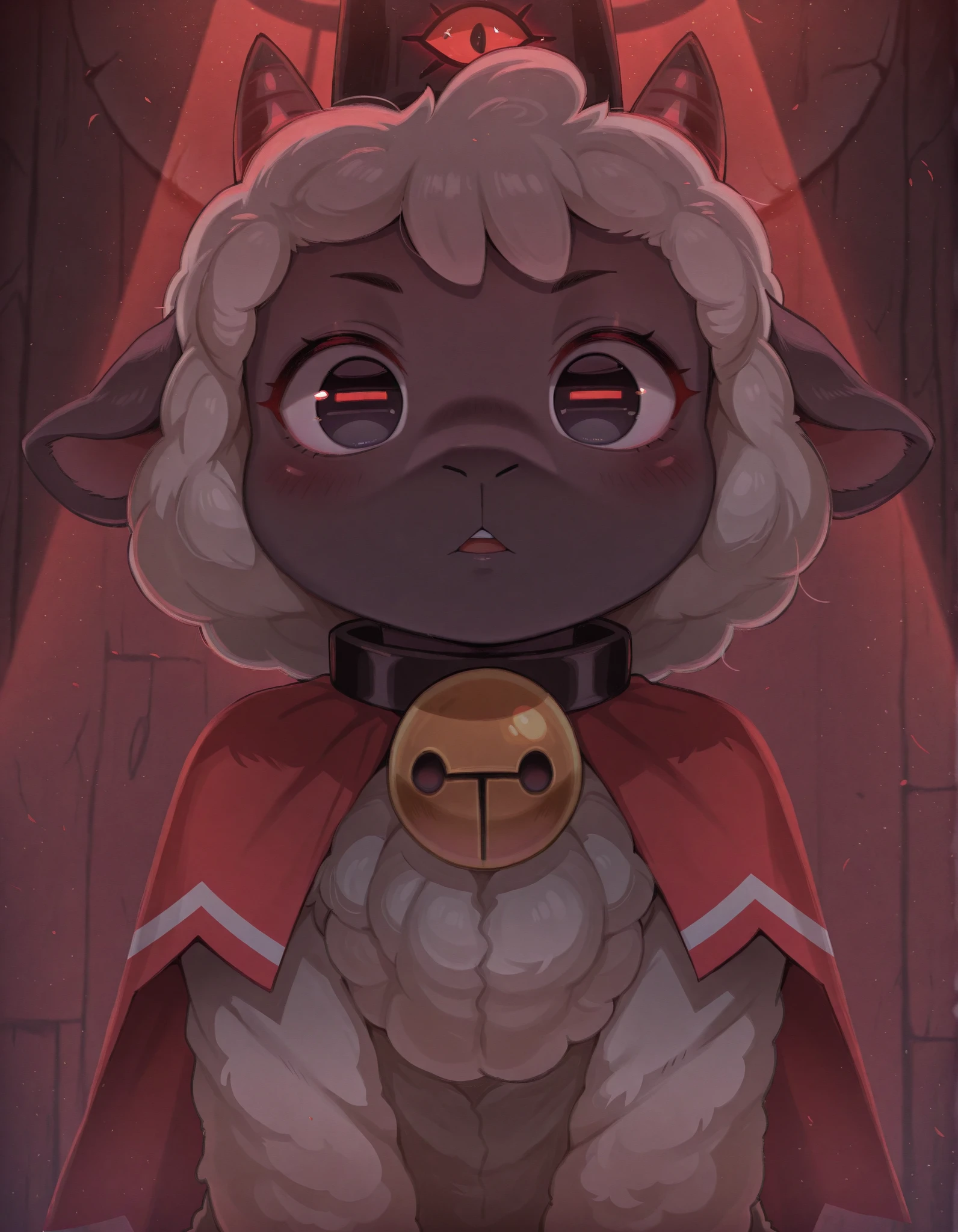 dagasistyle,, 1girl,solo, cult of the lamb, sheep girl, collar, horizontal pupils, red/black eyes, red crown,, gobo lighting, shadows,, REMEMX,, masterpiece, best quality, very aesthetic,,