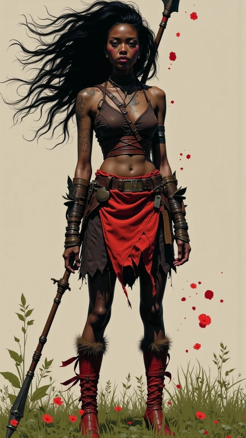 mulher zumbi,lagoa,noite,segurando uma espada com forma de osso,terror,comic style