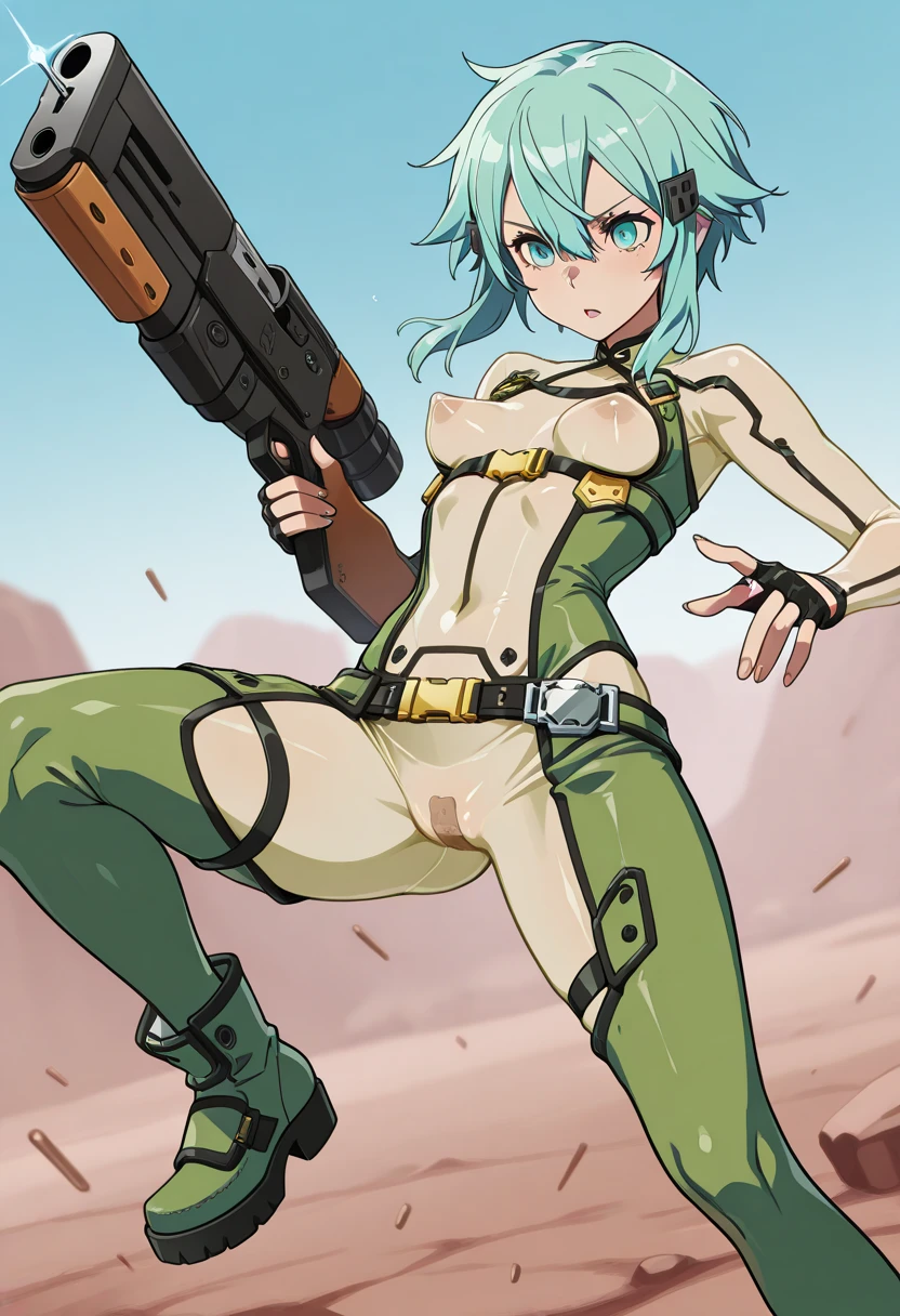 Cuberpunk, thick hips,  thick thighs, very high heels, bandeau top, high cut leotard, huge breast, thin waist,  bob cut hair, weapon, tanned skin, gun, angry look, soldier girl, scream, thick,