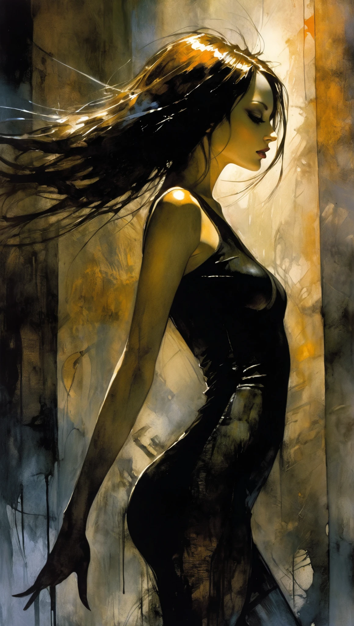 slim, sexy girl, with a very sexy dress, very long brown hair, Korean features, black t-shirt, short jeans, eroticism, sexy, black and white image, between shadows, oil painting, chiaroscuro, sensual, dramatic lighting, moody atmosphere, sketch, intricate details, masterpiece, ultra-detailed, high quality, 8k, best quality, realistic, cinematic, dark and brooding, expressionistic, powerful composition, emotional impact, art inspired by Bill Sienkiewicz and Dave McKean