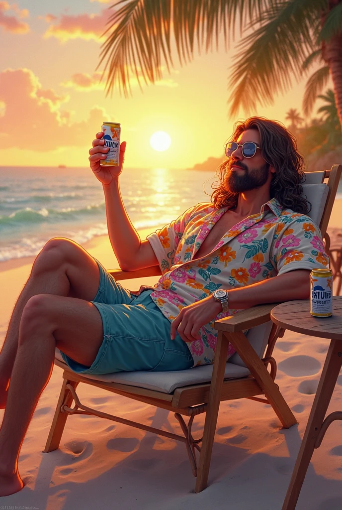 Viking man with black hair on beach vacation lying under palm tree and drinking lemonade