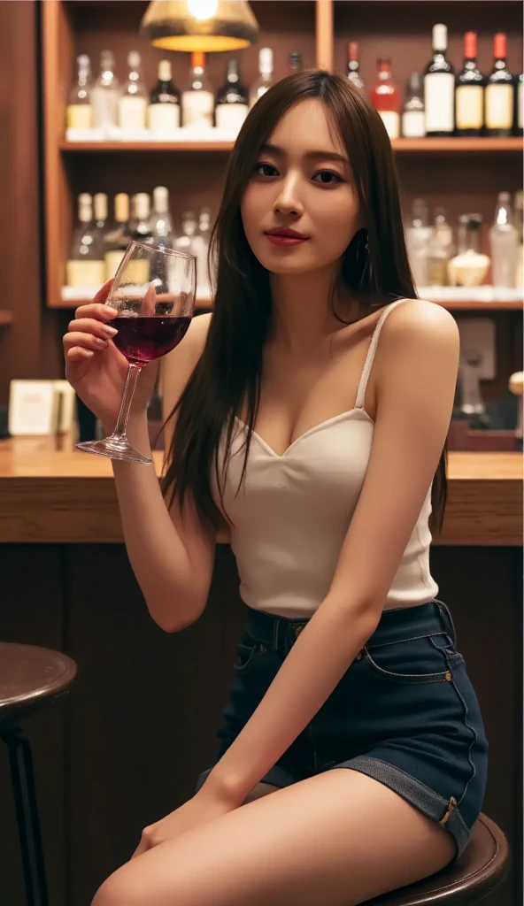 chica sujetando un cocktail en la mano, posando