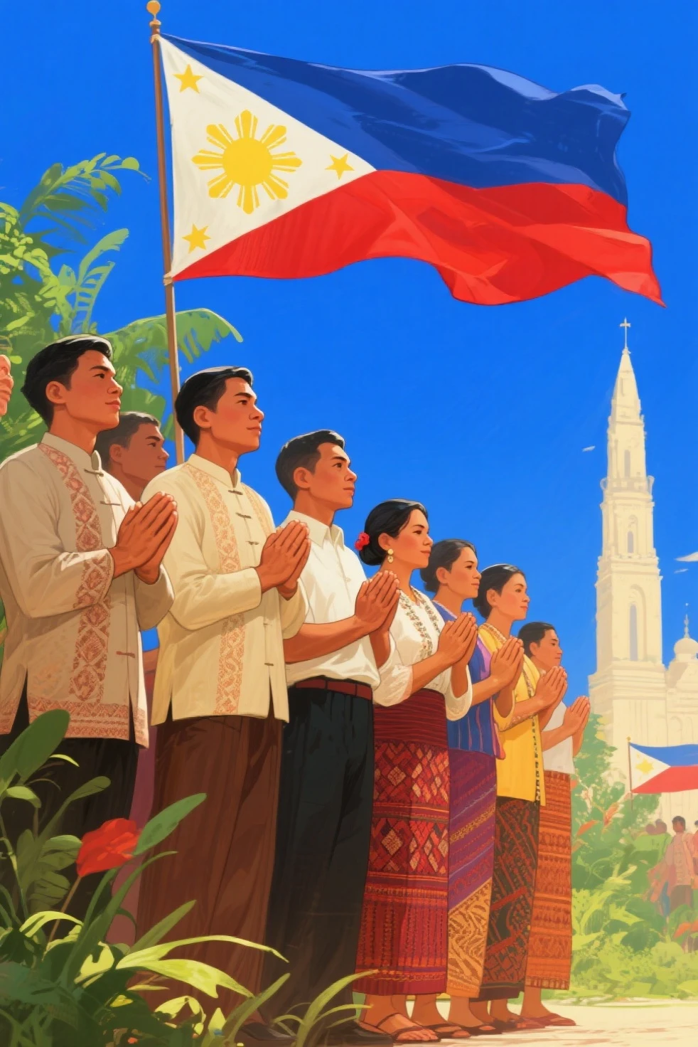make me a philippine flag background and each side is every religions in philippines, make it colorful and the religion is bigger and clear to see put some people helping each other the dress of the people should be traditional like muslims and christians make it like a painting made by a color pencil make the people simple to draw dont do it like a realistic

