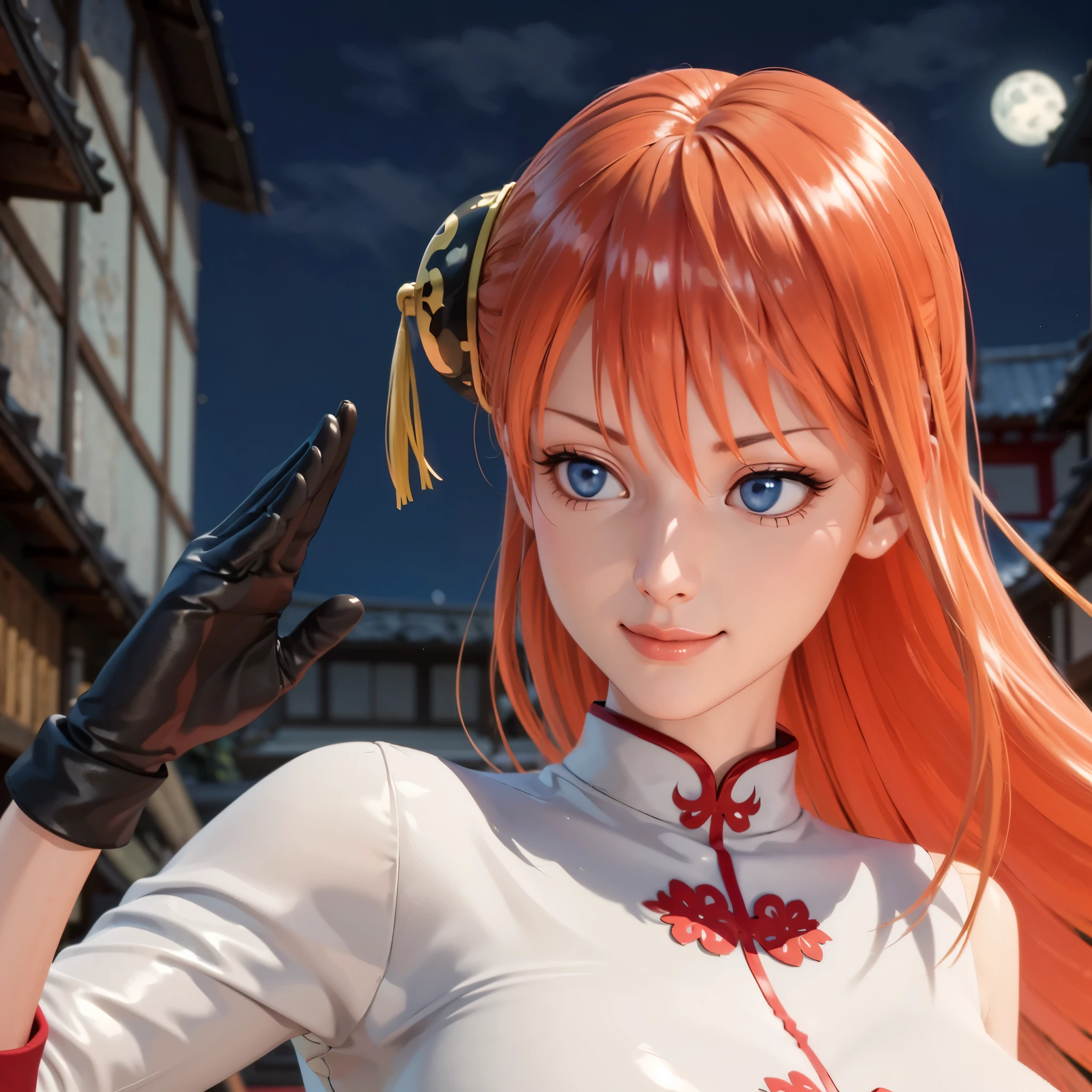 highres,best quality at best,masterpiece,quality,best quality,delicate facial features,look at the audience,there is light in the eyes,(masterpiece),(best quality),masterwork,semrealistic,realistic,mature female,(wide hips:1.1),fair_skin,shiny_skin,(3d render:1.1),Kagura (character),kagura (gintama),gloves,Chinese clothes,long hair,orange hair,blue eyes,dress,elbow gloves,asymmetrical_gloves,asymmetric sleeves,dress,(big breasts:1.1),night,long hair flowing,smile,song and dance street,standing on one leg,knee up,fighting stance,thighhighs,boots,