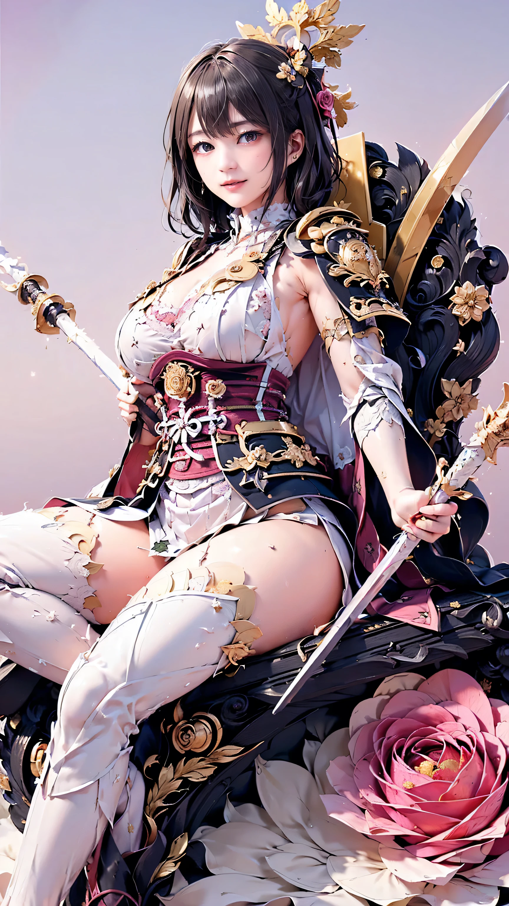 Copper model，New coffee products， Silver weapons， The sword， halter， Weapons of the future， 32K, Linen cloak, Top quality, Masterpiece:Faust，,1 child， short detailed hair， thin fog， （tmasterpiece，k hd，hyper HD，16k）,clutching a sword，blood sky， Brunette knife， Shorts smoke，  Mist coating， bandagens， sword sheath， Masks， 独奏，Ivory white background