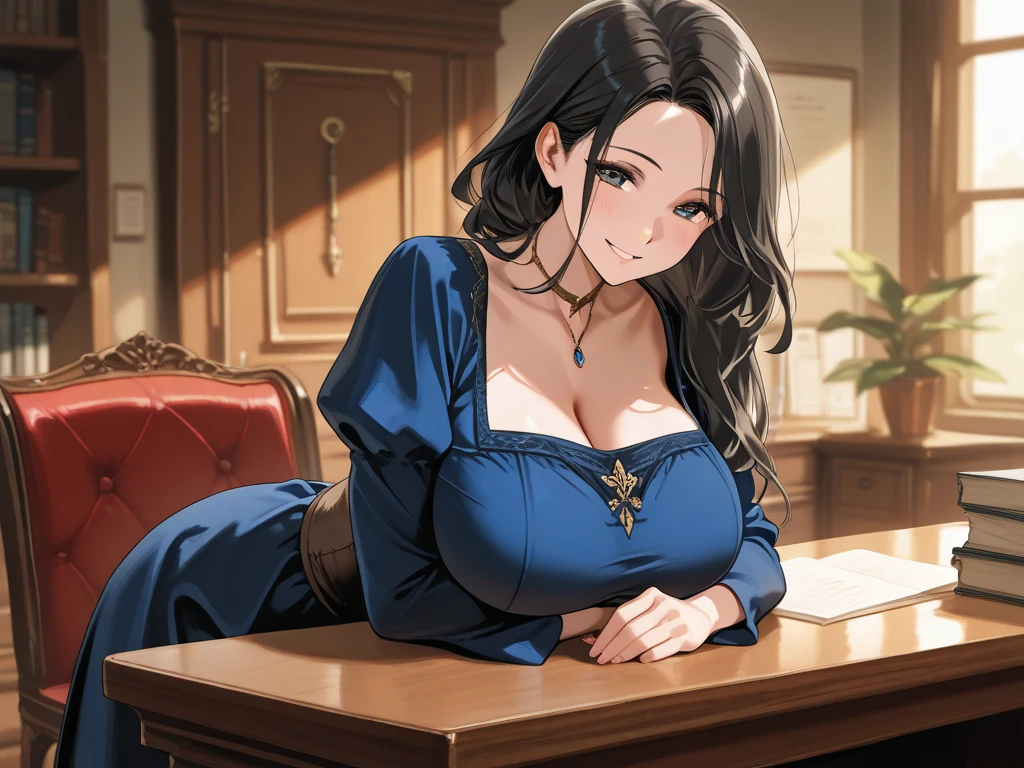 woman, librarian woman, tall(1.80cm), milf woman, sexy body, seductive body, adult body, body proportional in size, appearance around 30 years old, adult, Erina Nakiri, librarian, long hair, dark hair, hair straight back, Korean bangs, wearing a necklace around the neck, sapphire necklace, dark blue eyes, small nose, well-proportioned nose, aligned nose, slightly pointed ears, ears with small points, beautiful ears, well-aligned ears, well-proportioned ears to the face, professional face, perfect face, delicate face, extremely feminine face, teeth with small fangs in the upper part of the mouth, passionate smile, light smile, adult woman in long ceremonial dress, medieval style, big black skirt, fishnet skirt, high heels, ((large breasts)), huge breasts, perky breasts, promotional breasts on the body, erect waist, above average ass, wide hips, posing from the front, sitting in an office chair in a library environment , inside an old library, a futuristic library, with Janelle Aberta showing the sun, posing frontally, looking at the viewer.