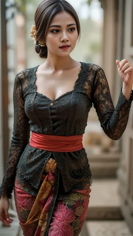 A beauty girl with tattoos on body, beautiful art tattoo detailed, ((text tattoo on body:LOVE)), Wearing kebaya dress, detailed beautiful eyes, baby face, cute girl, big , earrings, necklace, Javanese ornament