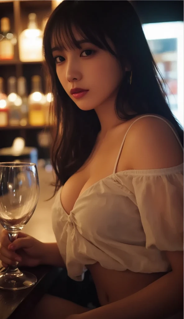 8K、Raw photography、top-quality、​masterpiece:1.2)、(realisitic、Photorealsitic:1.37)、top-quality、超A high resolution、Downtown at night、Beautiful girl alone in a luxurious bar、alcohol、I&#39;m asleep at the bar counter with my eyes closed.、drunk and in a good mood、My clothes are turned up and I&#39;m naked、There are a lot of expensive alcoholic beverages on the shelves.、(full bodyesbian)、cleavage of the breast、Colossal tits、beauty legs、high-heels