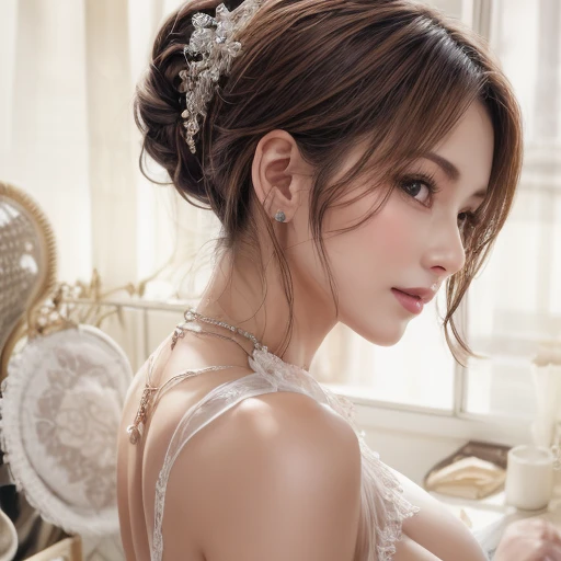 Woman, serious, elegant, pink dress, aristocratic, silver elements, long nails, bare shoulders, hairstyle, hair up, braid and ponytail, messy, arrogant, absurdes, detailed dress, royalty, celebration, hall decorated with flowers, cowboy shot, portrait, (best quality), (masterpiece), (highly detailed), (4k)