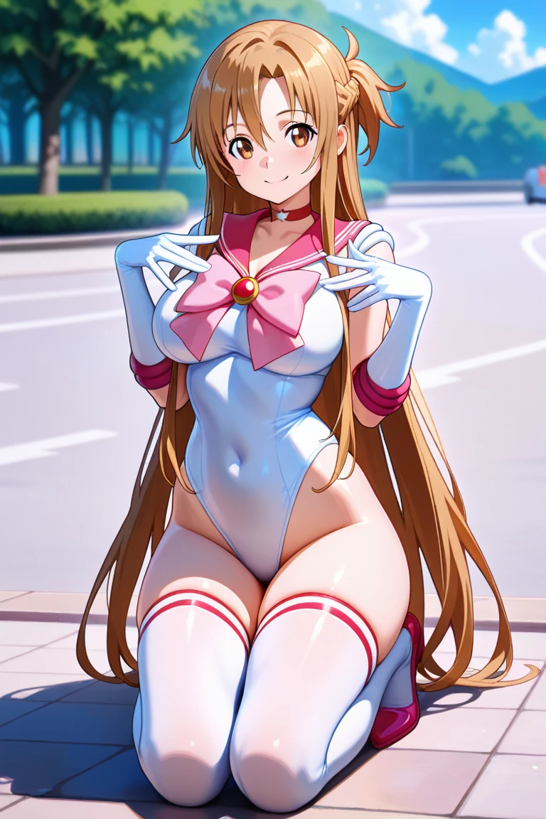 ((NSFW)),Yuuki Asuna, anime style beautiful woman, Best Quality, perfect anatomia, ultra-detailliert, 1girl in, Solo, , athletic bodies, Long hair, medium breastsng at Viewer, Happy, Bangs, Brown hair, thighs thighs thighs thighs, gloves, Dress, cleavage, Saggs:1.5