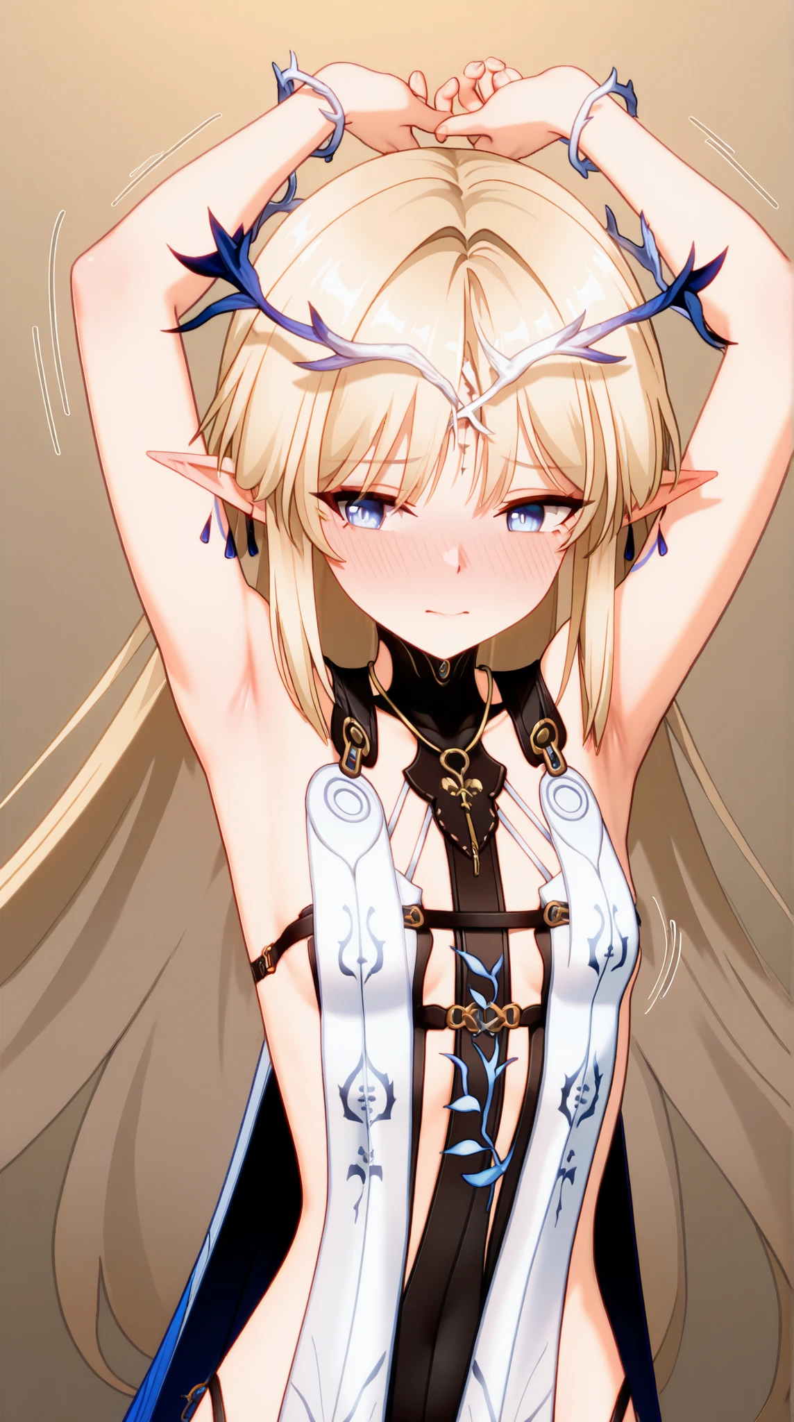 masterpiece, medieval desert horizon Upper body girl, ((((nude)))), nsfw, spread legs hands behind head clear (((flandre))) bob hair, Ahoge looking at the viewer, adventurer ((from front)), open mouth, (((scared))), standing, spread legs, greaves, ((((brown skin)))), front, (glaring), ((contemptuous)), ((disdain)), spread legs, arms up behind, (abs), Sweat, (big breasts), fang