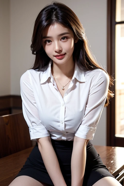 (Highest quality,masterpiece:1.3,Ultra-high resolution,),(Very detailed,Caustics),(Realistic:1.4,RAW shooting,)Ultra-Realistic Capture,Very detailed,High resolution 16K human skin closeup。 Natural skin texture、,pores、、It must be detailed enough to be easily identifiable。 Skin tone is even and healthy looking。 Use natural light and colour,restaurant,Waitress Uniform,1 girl,Japanese,18-year-old,cute,Black-haired,ponytail,,smile,Turn your body forward,(Front view:1.1),Looking into the camera,Cowboy Shot, Lips that captivate men Thick lips Cherry colored lipstick