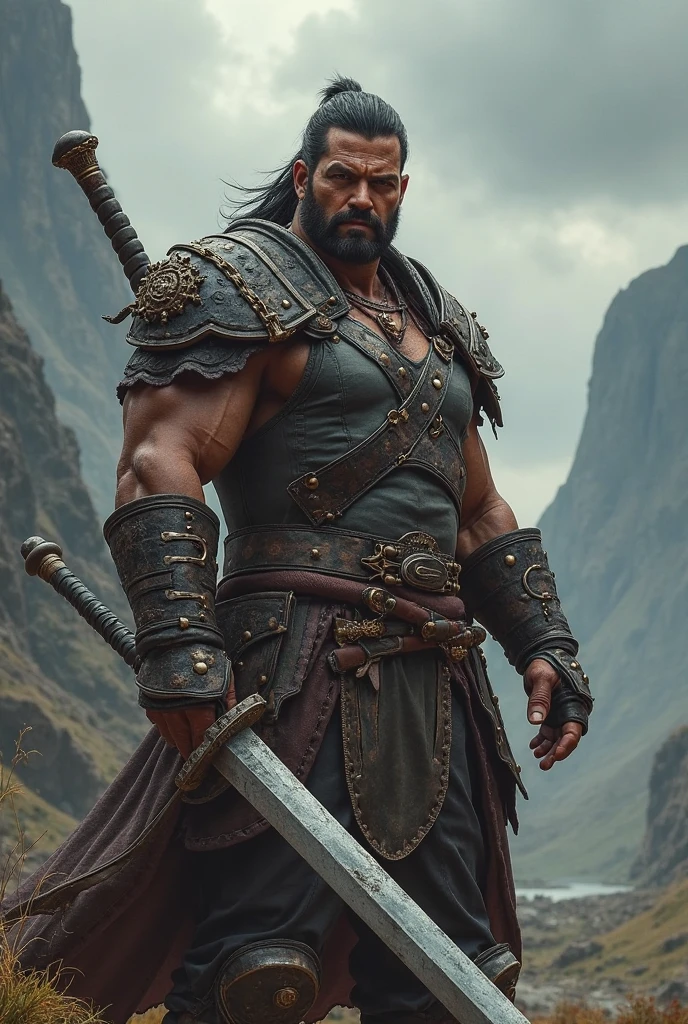 Prabhas with tying hair back hairstyle & beard, holding axe in one hand and holding Machete in other hand, wearing black vest