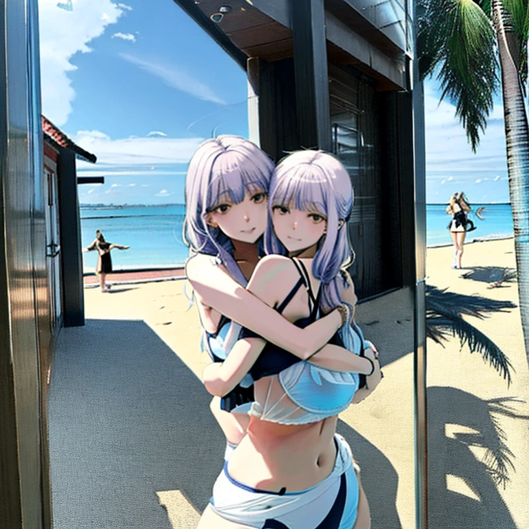 (masterpiece, best quality:1.2), (solo), Android 18 from Dragon Ball, 20s, ((string one-piece swimsuit)), wariza, medium breasts, blunt bangs, short purple hair, (black eyes), earrings on earlobes, slim, slender feminine figure, skinny body, blush, sky, magnificent view, blur background, 4K, open mouth, beach, smile, (Sandy Beach), beautiful butt, (back view), (crossed arms), side boob, back shot, portrait
