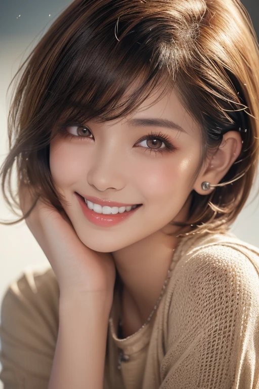 ((masterpiece)), ((Highest quality)), ((Complex)), ((Surreal)), (Realistic), (Mature Woman), ((No classes)), Very detailed, (1 female), Beautiful and exquisite, (Beautiful Teeth), Grin, Brunette bob hair, Brown eyes, ((blouse)), (Upper Body), (background:none), Perfect Eyes, Captivating eyes, Looking at the audience