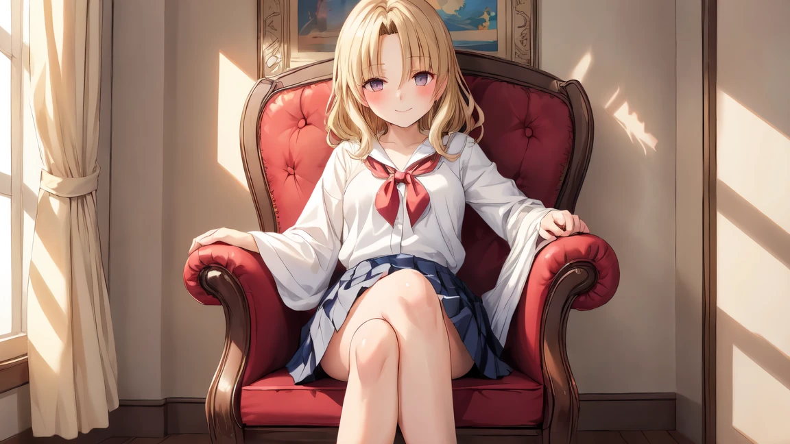 Highest quality、High resolution、Detailed Background、Beautiful face in every detail、Teenage beauty、Detailed red eyes、Realistic、Perfect body line、Light Hair Color、Bobcut、ponytail、well-groomed eyebrows、A shiny white short-sleeved sailor suit、Light blue sailor collar、Navy blue pleated skirt、Red ribbon、White Stockings、Sitting on a chair on a train、Looking at me with a happy expression、Panty Shot、Cute gestures、so beautiful