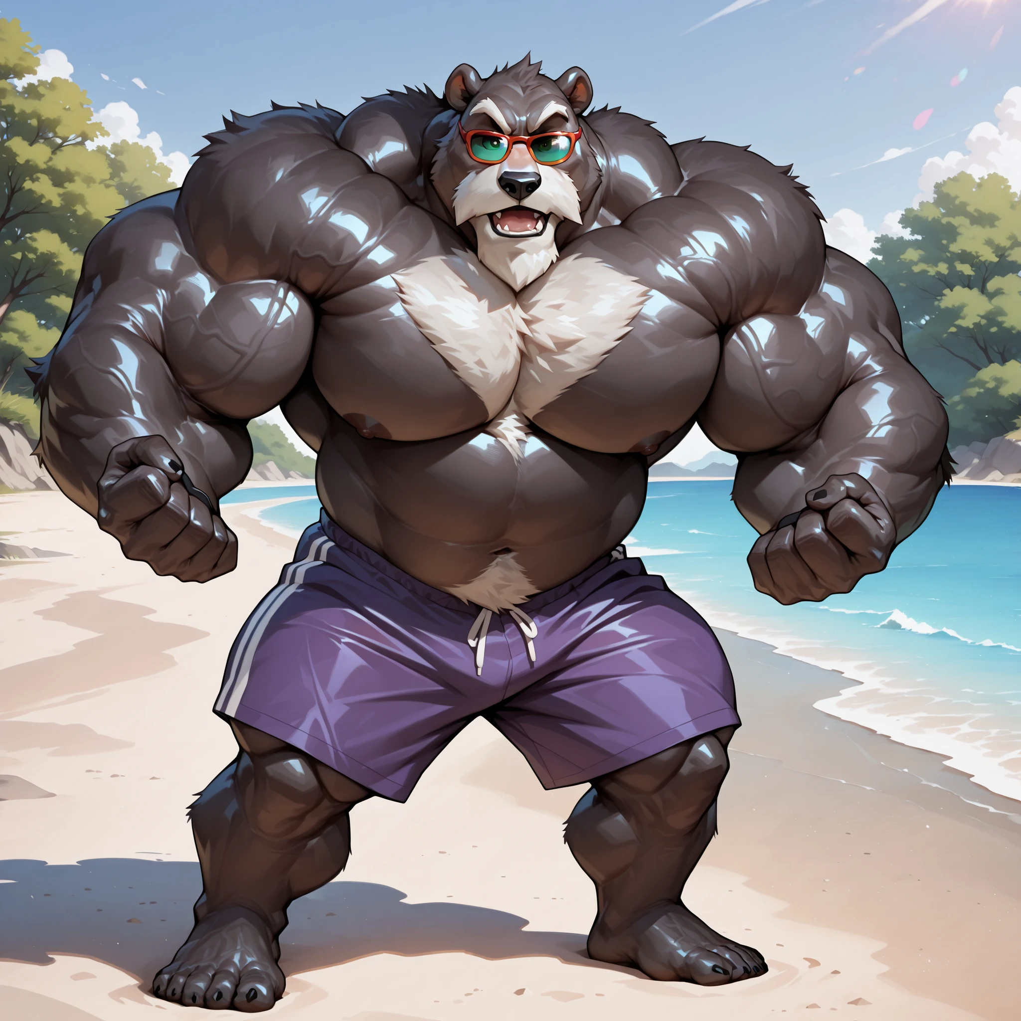 beach, extremely huge muscular, massive muscular, full-body, well-muscled old grizzly bear in shirtless and topless. ((extremely muscle size, super thick arms, huge pectoral, extremely wide pectoral , huge arms)). Correct anatomy, and add details to make it attractive and interesting. Add textures and details to make the image more realistic, such as the appearance of the brown fur texture and the appearance of the brown skin. Flexing for the ladies, Make sure the resulting image is high resolution, 8K quality."
