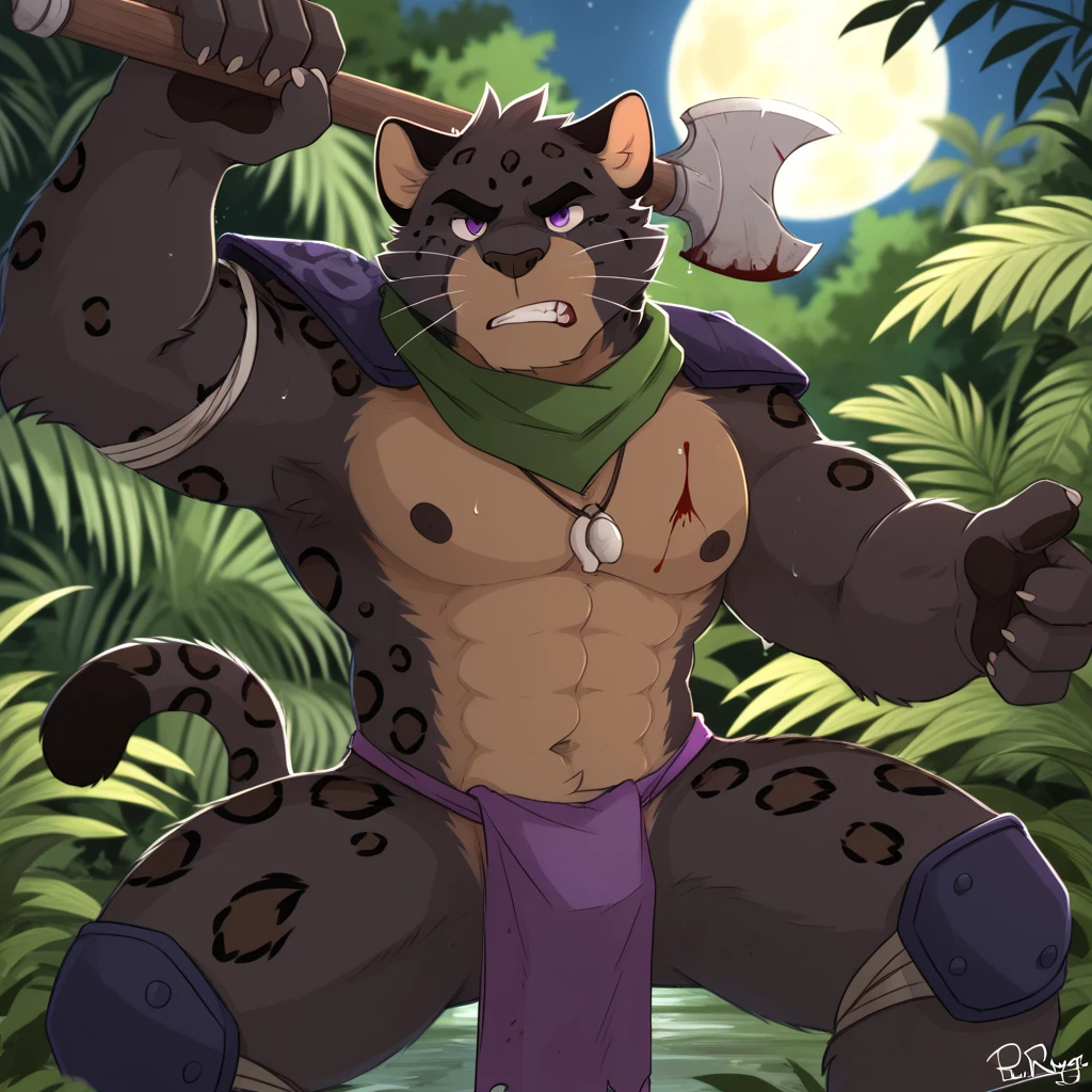 by takemoto arashi, ((full body)), (1boy), solo, male anthro, kemono, hot body, hunk, sexy, bara, handsome boy, (masterpiece, high res, best quality, watercolor shading), 4k, soft skin, Physical man, furry art, professional furry drawing, (((black panther, plain black fur all over his body solid black fur, soft muscle definition, self-black cat, small chest, miniscule lat miscles, stubby arms, short limbs, wide lean waist, very short thick scruffy fur))), scars on one shoulder, thick hands, short round muzzle, chewing on toothpick, tiny twig in his teeth, major overbite, large chin, short round snout, tired eyes, tiny lines for pupils, thick white eyebrows, round pierced bear ears, perfectly circular front facing bear ears, small gold cuff earrings on one ear, helix ear-piercing, orbital ear piercing, thin cat nose, white sumo garb, thick bulky waistband, ((white short narrow headband tied around his forehead, white hachimaki, thin white sweatband on his forehead)), flat stomach, tuft of white hair between his pecs, (thin white mohawk), thin white pubic hair, small white treasure-trail, (((black underbelly, his underbelly is the same color as the rest of his body, one color fur, solid color body, black torso and mouth, perfectly square silhouette))), bored emotion, neutral expression, calm face, pouting, pout, (closed mouth)