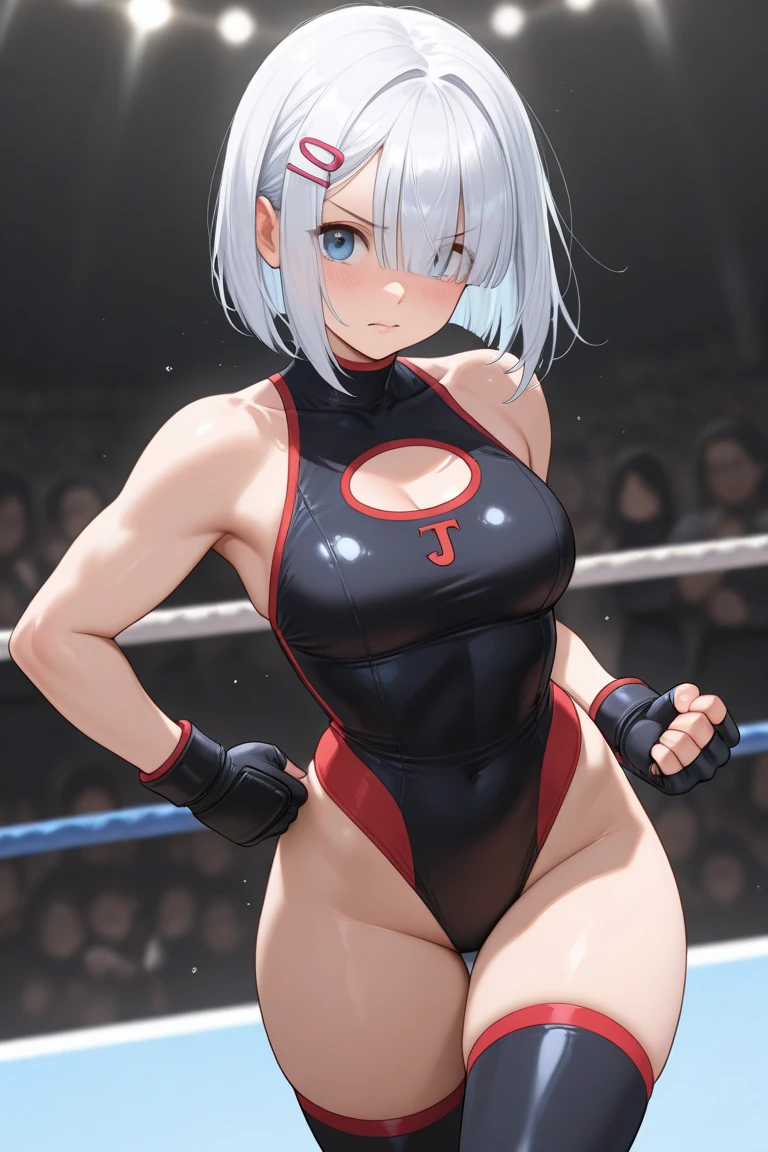 Realistic, photorealistic portrait of a beautiful young woman with thick thighs, silver short hair、Blue eyes、(eye focus:1.3, face focus, cowboy shot),(Gradient eyes:1.3),(mini skirt: 1.5, showing panties, sitting
)、(scornful grin:1.3), (tareme:1.3),4K resolution, best quality, masterpiece, ((Raise your arms, Expose your armpits)), thick muscular thighs, (strong wrestler, red wrestling wear), (wet body: 1.2), (steam: 1.3)