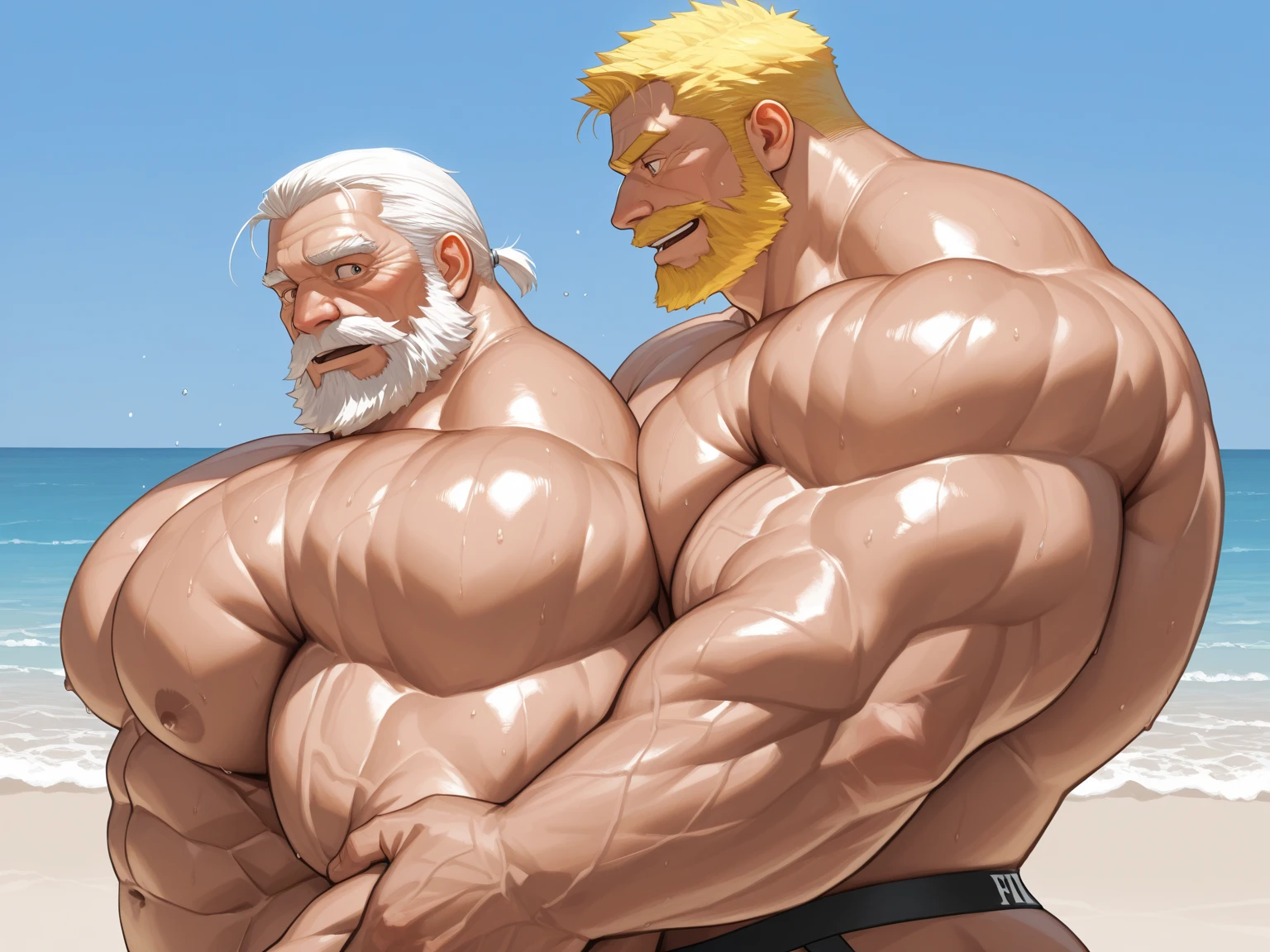 (highest quality:1.5), (masterpiece:1.5), (beautiful beach:1.2), 1 man, (turkish:1.2), long white hair, [full beard:0.9], hot guy, (macho:1.3), (huge body:1.5), 3, (black speedo:1.2), Stick out your  and get on all fours, (shoot from behind:1.3), smile, close-up hip,  sharp well groomed beard,  well groomed moustache,  thick pronounced grey beard, grizzly hair, absurdly huge nose, hawk nose, big old man nose, convex nose, pronounced bridge and outward curve that protrudes from the base of the nose