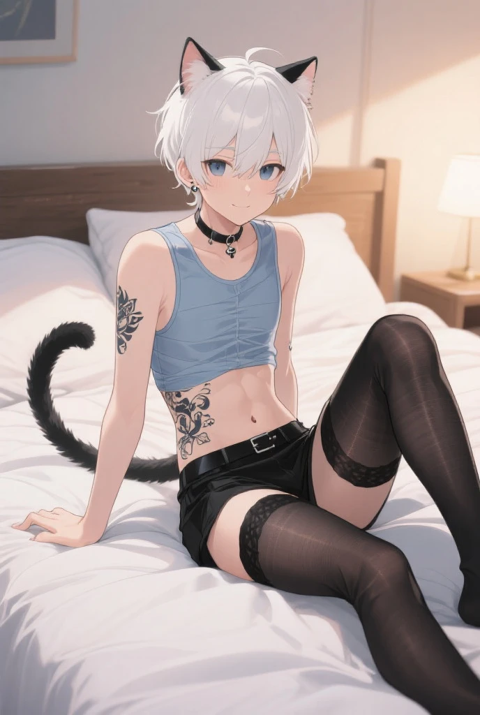 Anime style, a cute white skinned  boy,black cat ears,black tail,green eyes,short,all dressed in black,grunge,goth aesthetic, tattoos,piercings