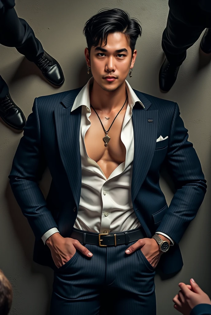 best quality, masterpiece, 8K, HD, masculine, 30 year-old korean gentleman, muscular, nerdy look, glasses, very tight fitting blue business suit,, open chest shirt, showing off body, toned abs and full chest,show off panty waistband, big bulge, golden ratio, sexy, god rays, soft lighting, dynamic shadows, sharp focus, perfection, no watermark,wearing no underwear, sexy, Masculine and handsome, muscular, Beautiful muscles, hairy body,