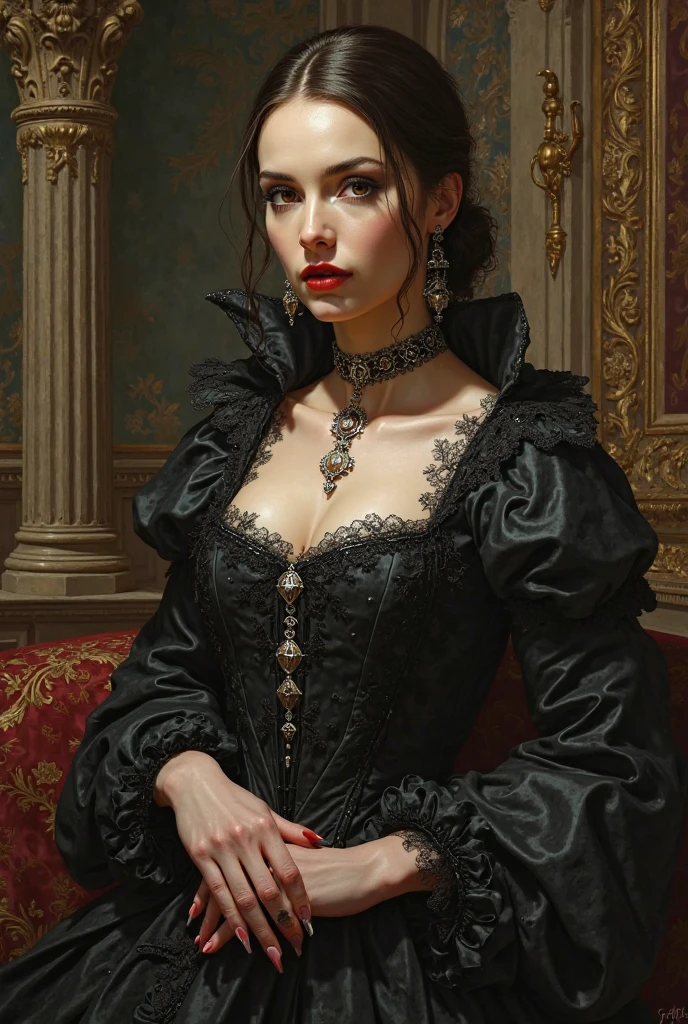 portraiture of a refined, Victorian-era lady vampire, mysterious, dark, 19th century Inspired, intricately adorned, velvet, silk, and lace, oil on canvas, highly detailed, photorealism, Alphonse Mucha's ornate Art Nouveau, Caravaggio's dramatic, high-contrast lighting, Irwin Penn's cinematic, soft, misty atmosphere, lavish, ornate, gothic architecture, heavy drapery, Baroque-inspired furniture, subtle, eerie ambiance, dark, red lips, porcelain skin, elaborate hairstyle, cameos, brooches, and jewelry, mysterious,