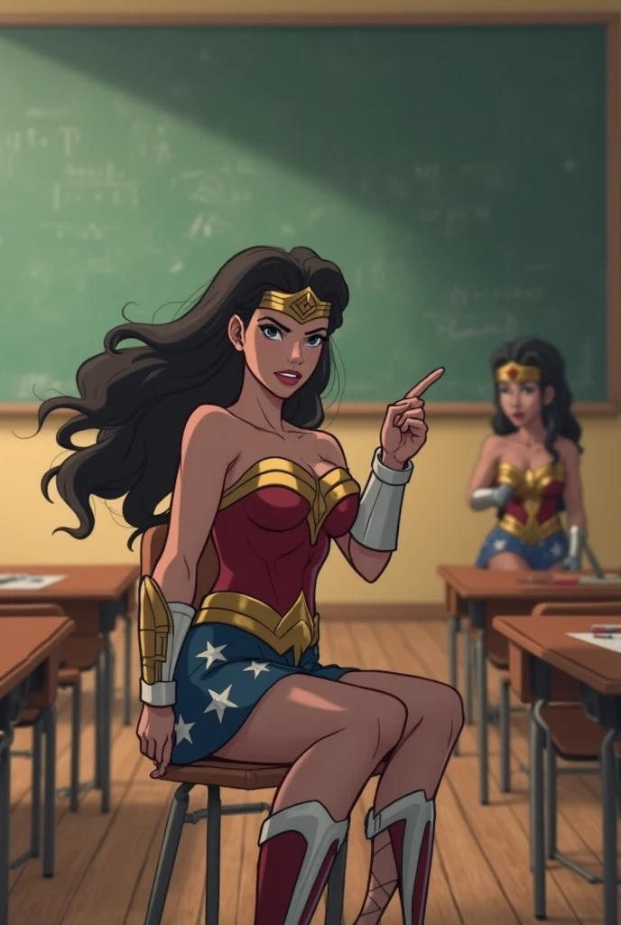 Wonder woman sitting down and talking to a group of children.